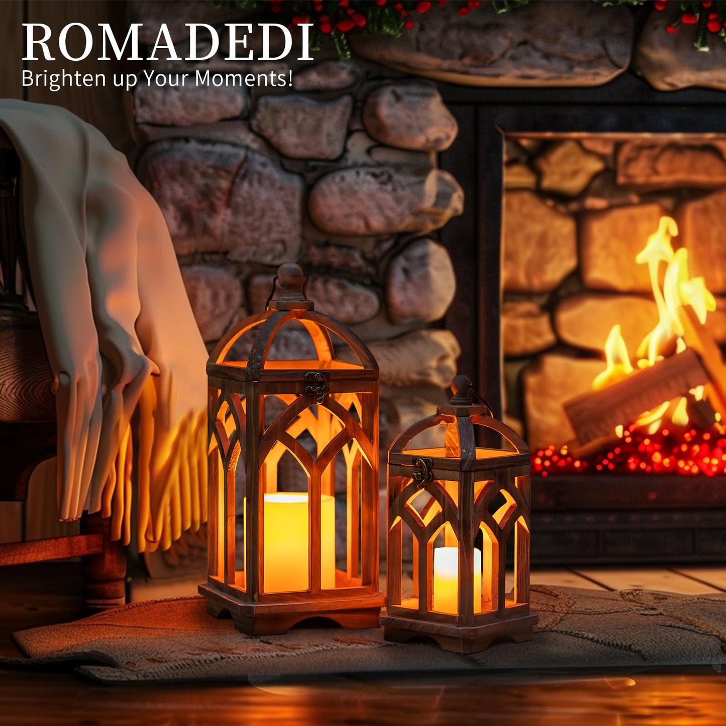Romadedi Farmhouse Candle Lantern Wooden - 12" / 16" Set of 2 Decorative Rustic Wood Candle Holder Home Decor Decoration Wedding Table Centerpiece, Brown