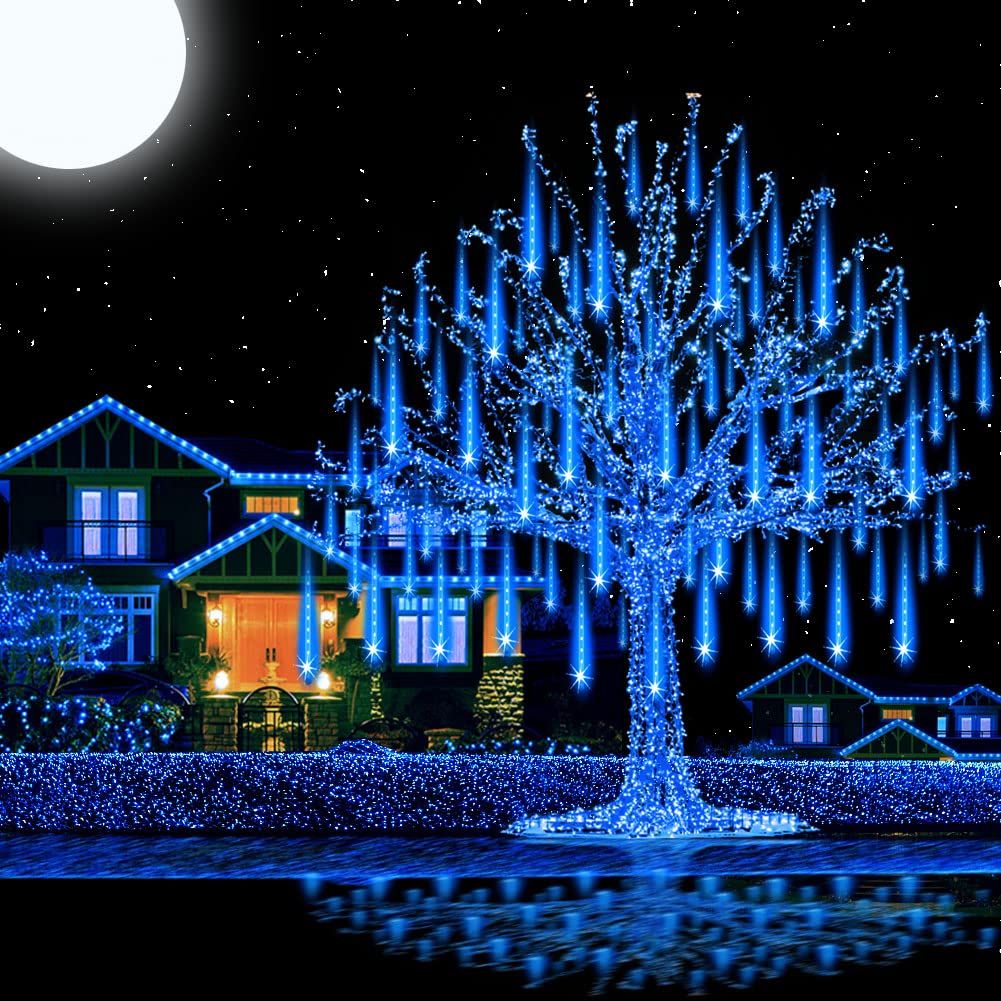 Aukora Christmas Lights Outdoor Meteor Shower Lights 12 inch 8Tubes 192LED UL Certified Falling Rain Drop Snow Icicle String Light for Xmas Tree Christmas Decorations Party Wedding Holiday Yard Blue