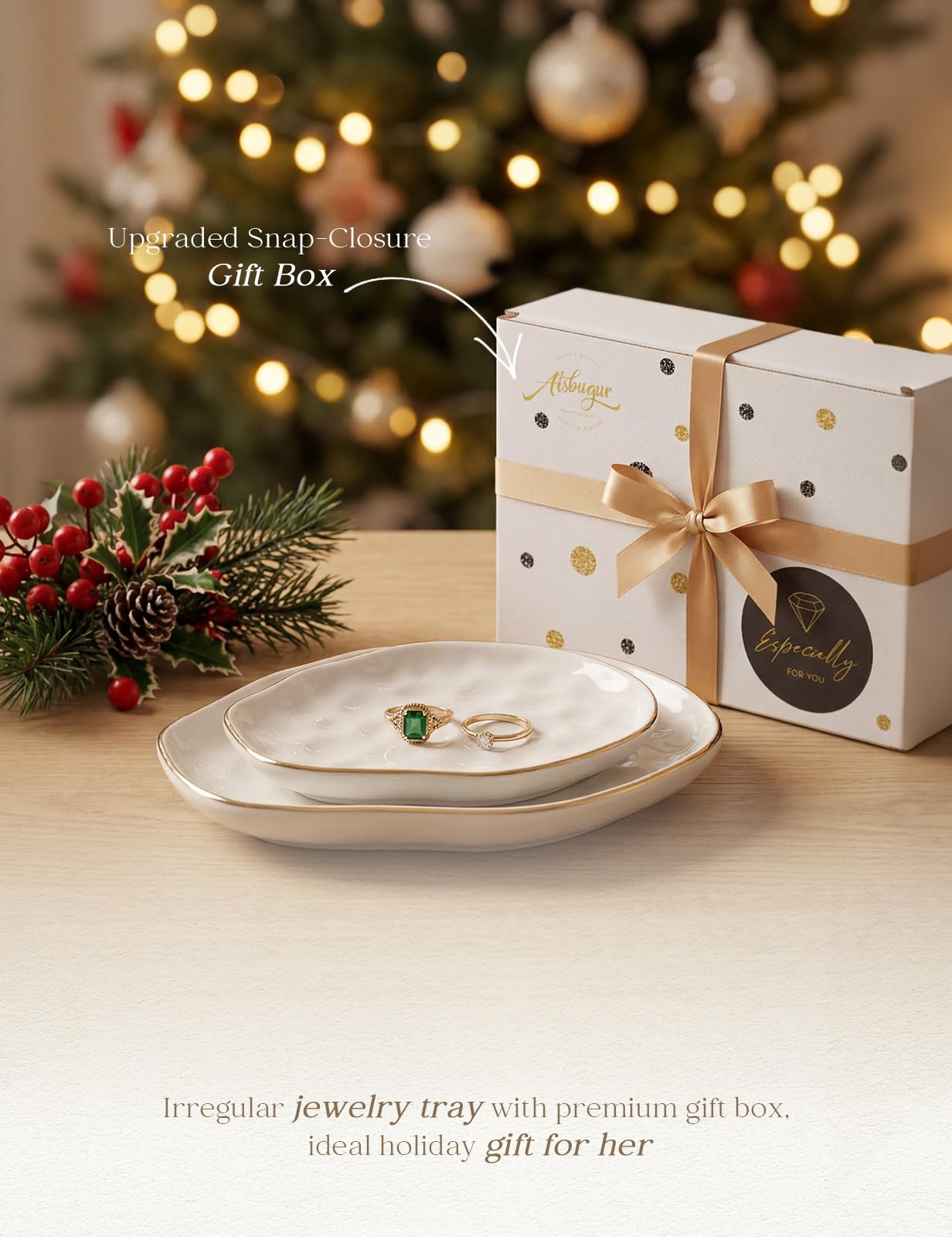 AISBUGUR Jewelry Dish Set of 2, Large Jewelry Tray for More Jewelry Ring Dish Jewelry Bowl with Beautiful Package and Greeting Card Perfect for Birthday Gifts for Women