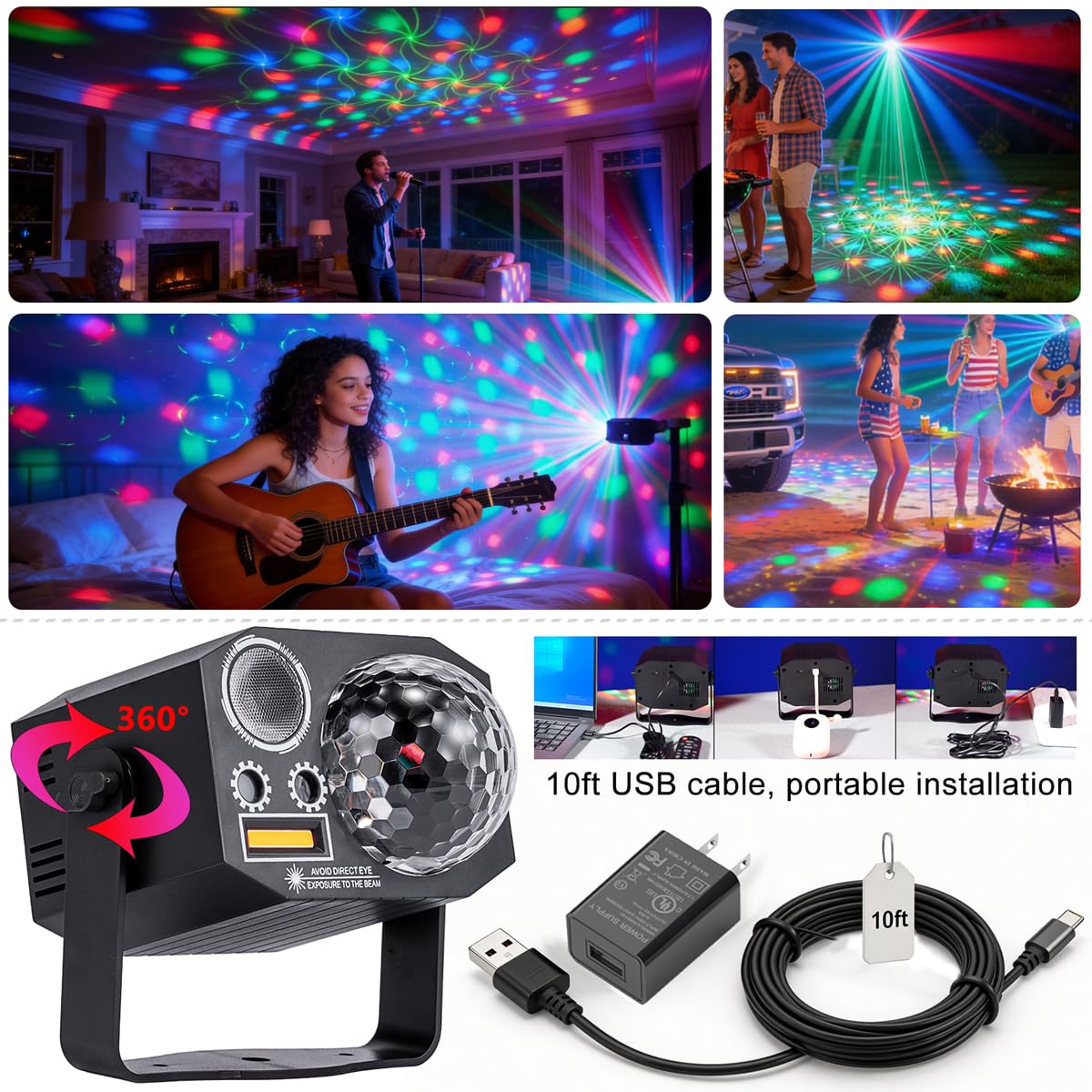Dj Party Disco Ball Lights with Pattern and Sound Activated,10 ft USB Cable, Laucnpty LED Stage Strobe Light that Sync with Music, Christmas Rave/Home Karaoke/Dance/Club Bar Lights for Parties