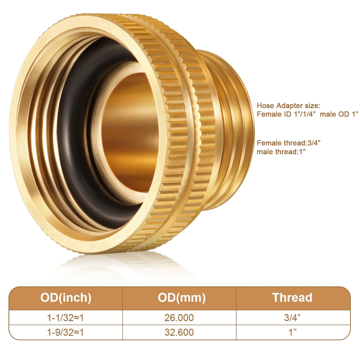 Solid Brass Garden Hose Adapter, 3/4'' GHT Garden Male x 1'' NPT Female Connector, 1 Inch Male Hose Thread to 1.3 Inch Pipe Fittings Thread, with Rubber Gasket