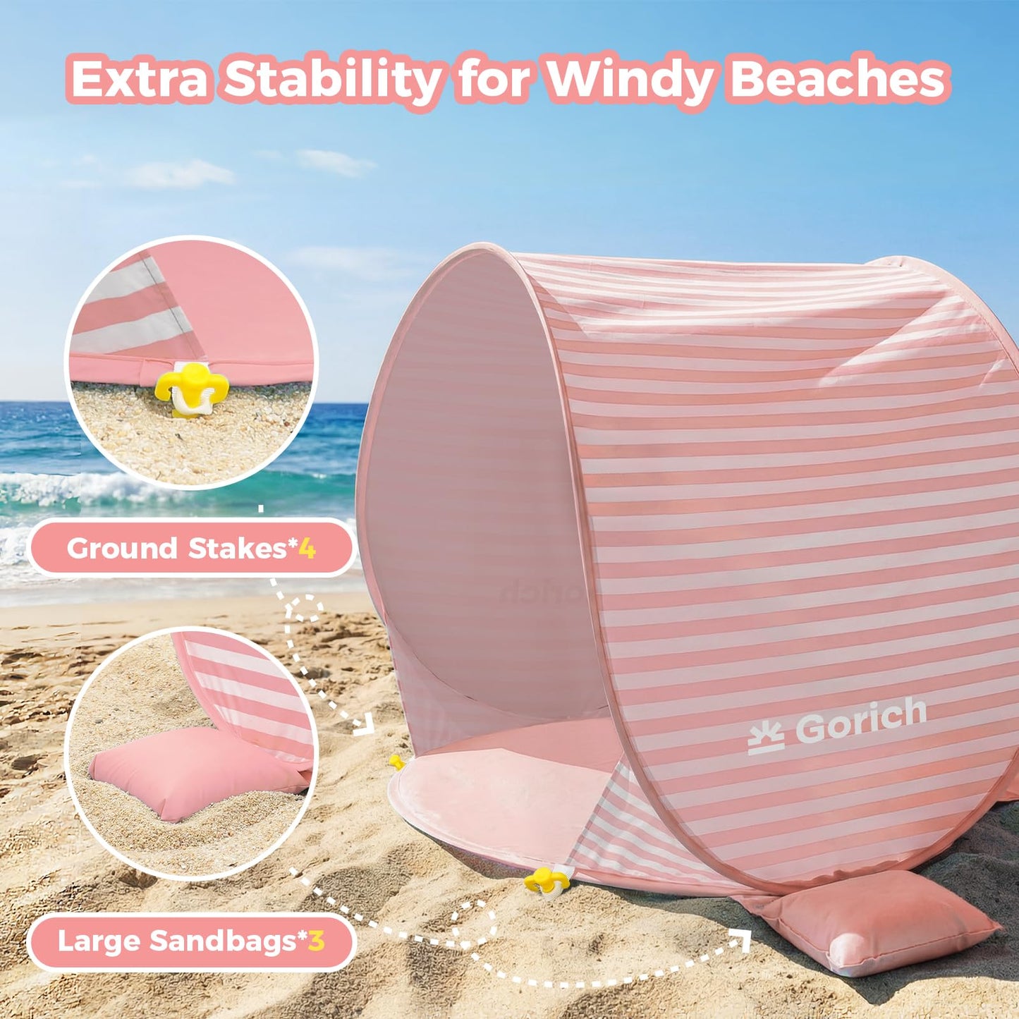 Gorich Pop Up Baby Beach Tent with UPF50+ UV Protection, Portable Toddler Sun Shelter with Mesh Ventilation, Lightweight & Foldable Play Shade Tent for Beach, Park & Backyard