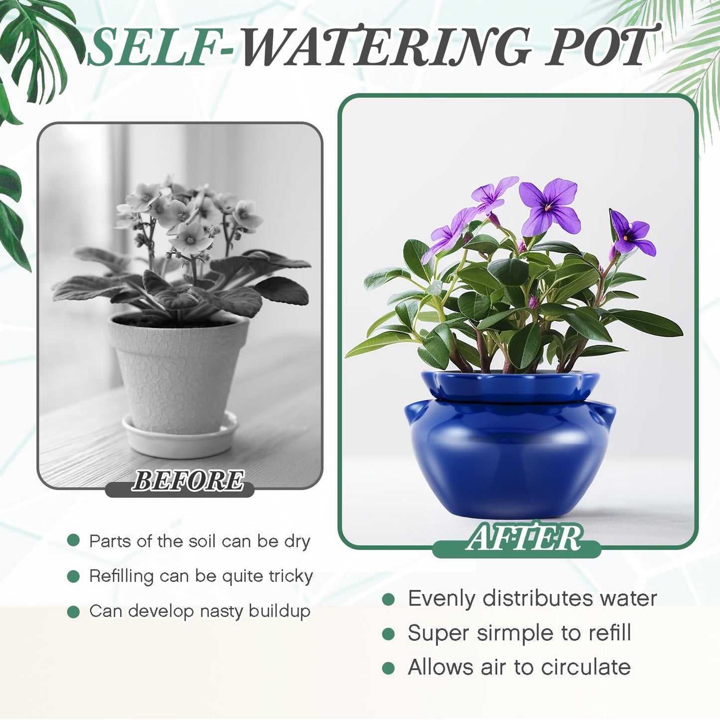 Sunnychicc 2 Sets African Violet Pots 7.5 Inch Self Watering Pot for Indoor Ceramic Self Watering Planter for Flower Lovers Ideal Plant Pot Thriving Flower Maintenance