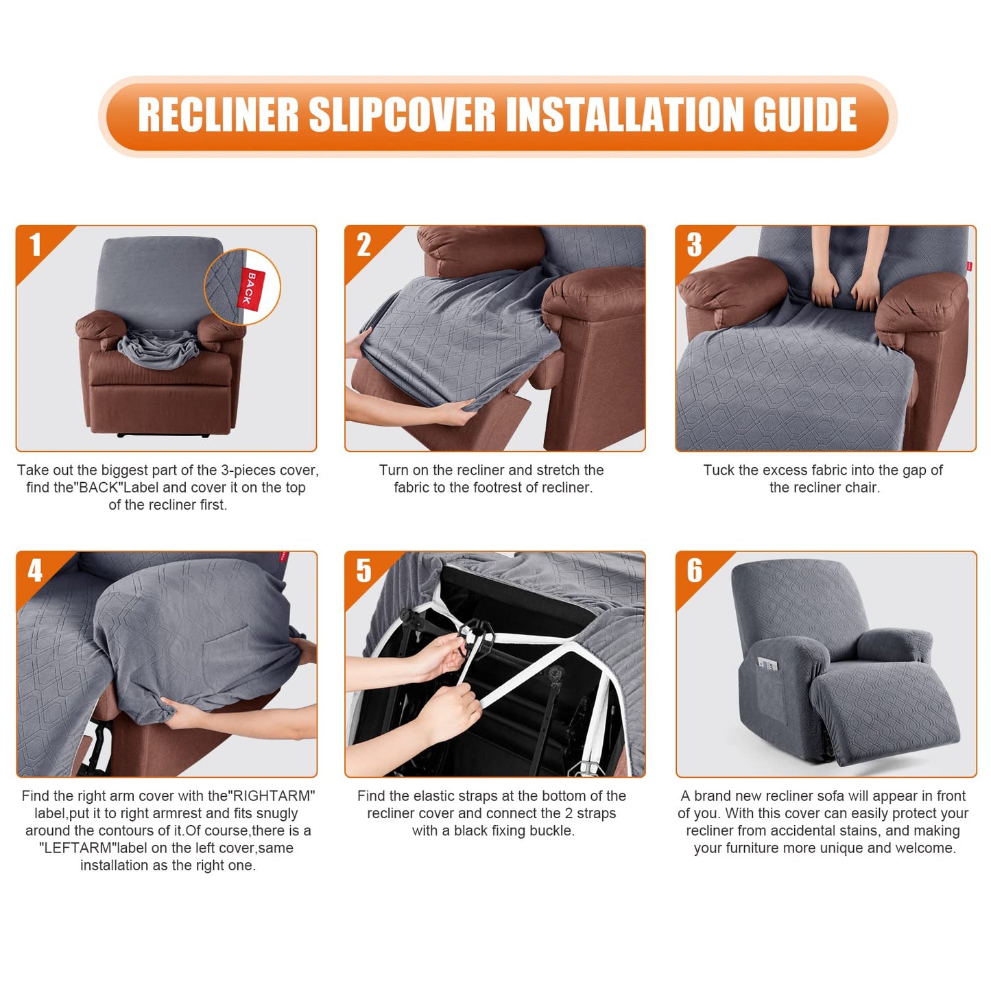 VANSOFY Recliner Chair Cover, 3-Pieces Stretch Recliner Covers for Recliner Chair Soft Reclining Chair Slipcover Furniture Protector for Dogs Cats(Dark Gray)