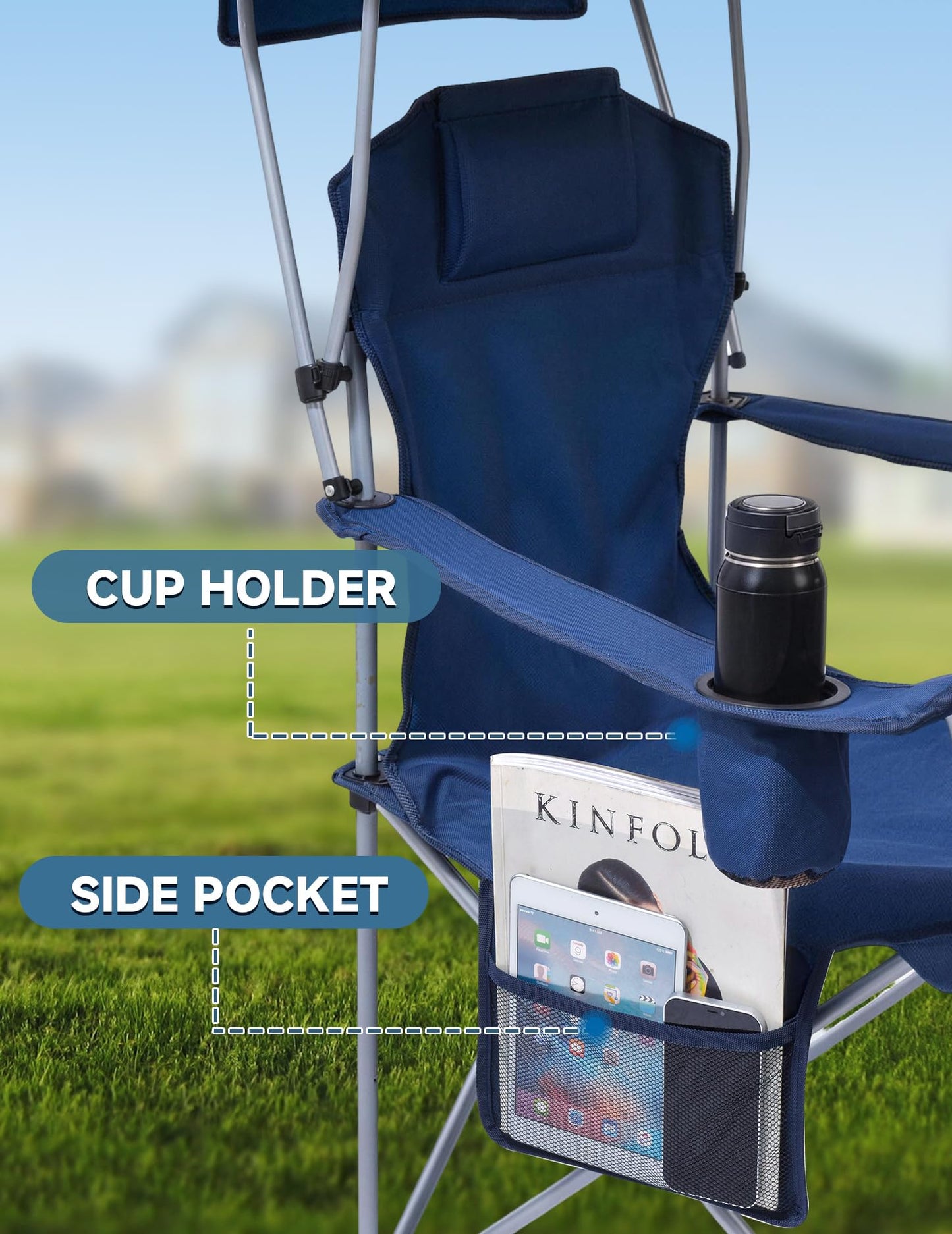 East Oak Camping Chair with Canopy | 25" High Back Folding Beach Chair with Canopy Shade, Supportive Headrest, Cup Holder, Side Pocket, 330 lbs Heavy Duty Canopy Chair for Outdoors