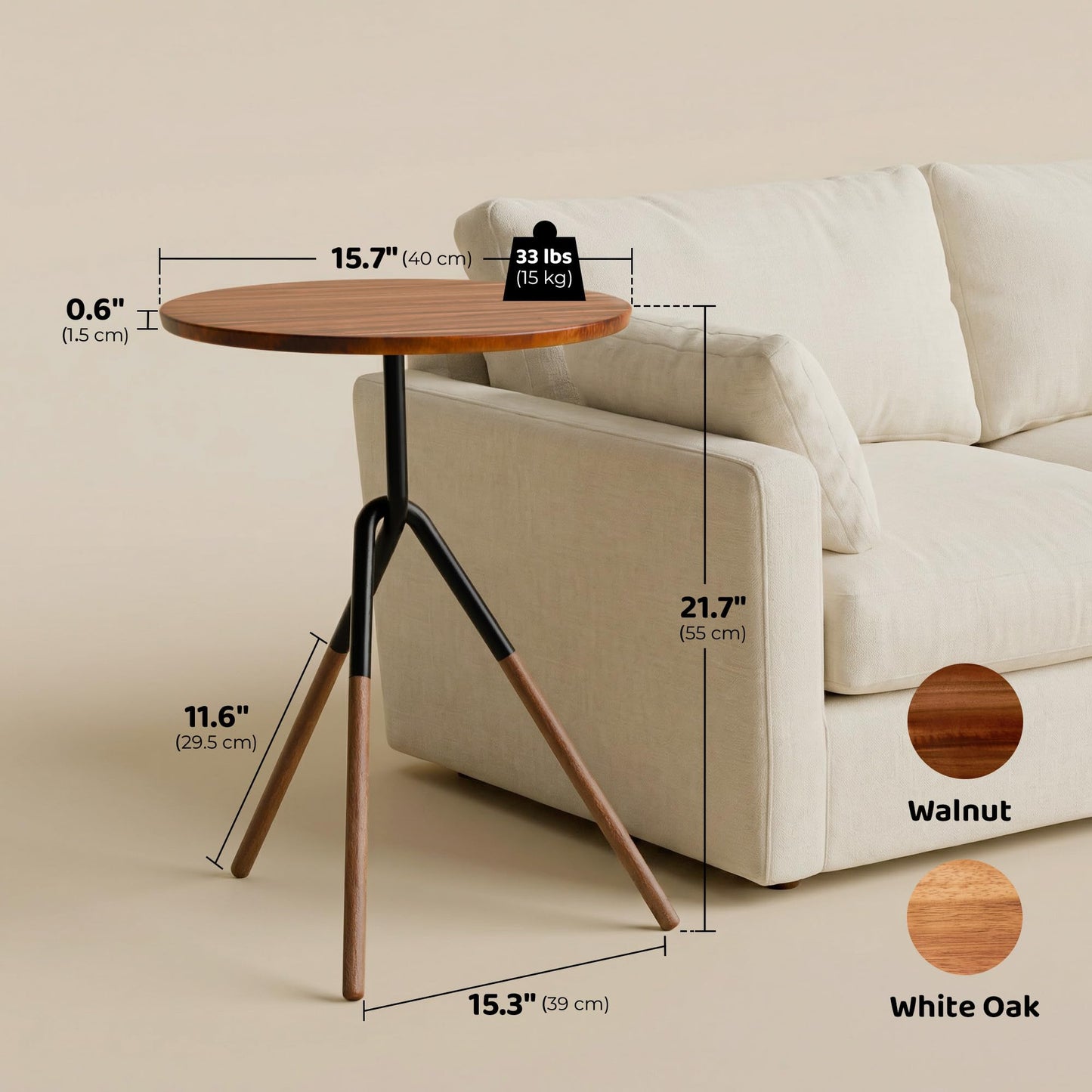 RECCI Small Round Side Table, Modern Solid Wood End Table with FSC Certified Wood & Knotted Metal Frame, Small Accent Couch Sofa Side Table for Living Room Bedroom, Walnut