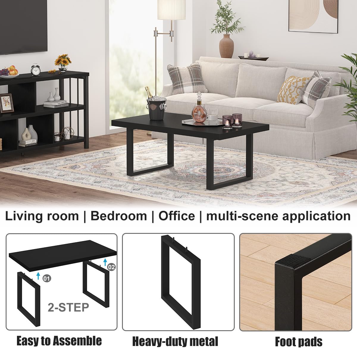 IBF Modern Black Coffee Table, Minimalist Industrial Wooden Center Table, Simple Farmhouse Rectangle Living Room Table, Wood and Metal Cocktail Coffee Table for Home Bedroom Office, Black Oak, 47 Inch