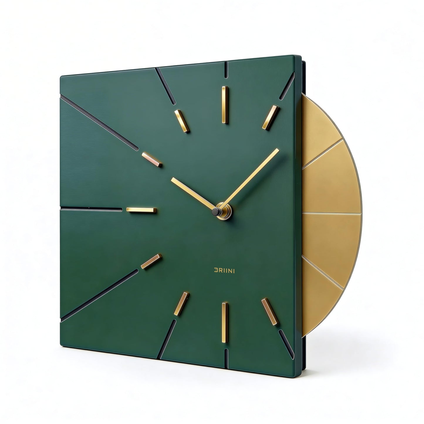 Driini Clocks Mid Century Modern Wall Clock - Square Green Clock with Decorative Gold Accent- Unique and Cool Clock, Battery Operated - MCM Decor & Decorative Wall Clock for Mid Century Modern Decor.