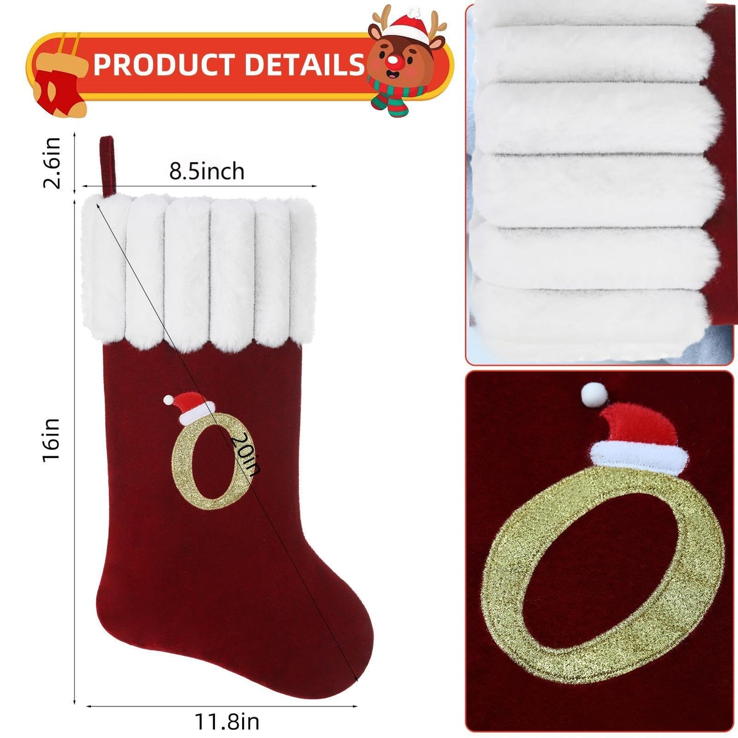 Yehnois 20 Inch Personalized Christmas Stocking,Red Velvet with Embroidered Initial,Holiday Xmas Party Decor Letter C