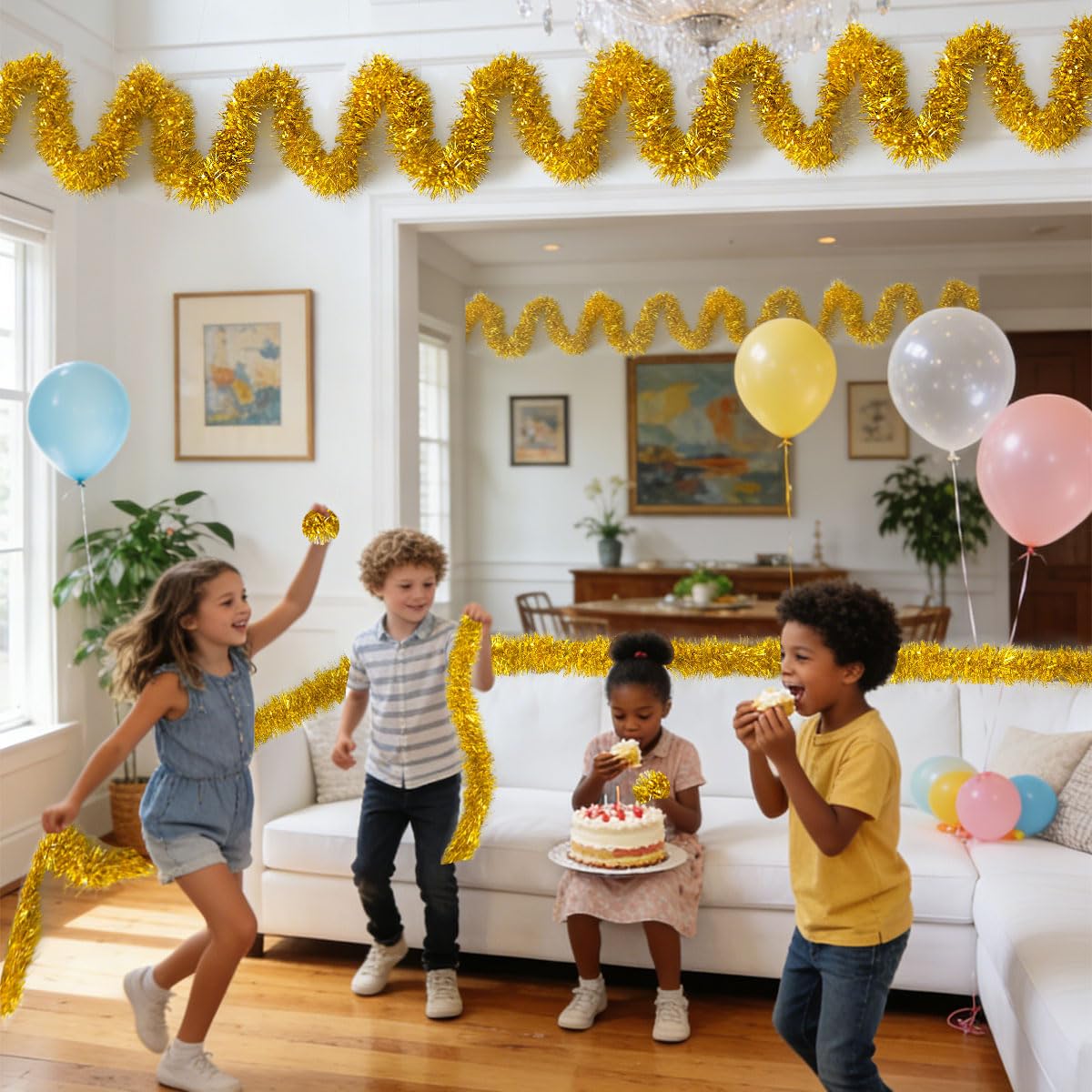 Yocknoce Gold Tinsel Garland, 33 Ft Twist Metallic Hanging Decor for Christmas Tree, New Year Eve Party, Wedding, Anniversary Backdrop, Festive Indoor Outdoor Decorations