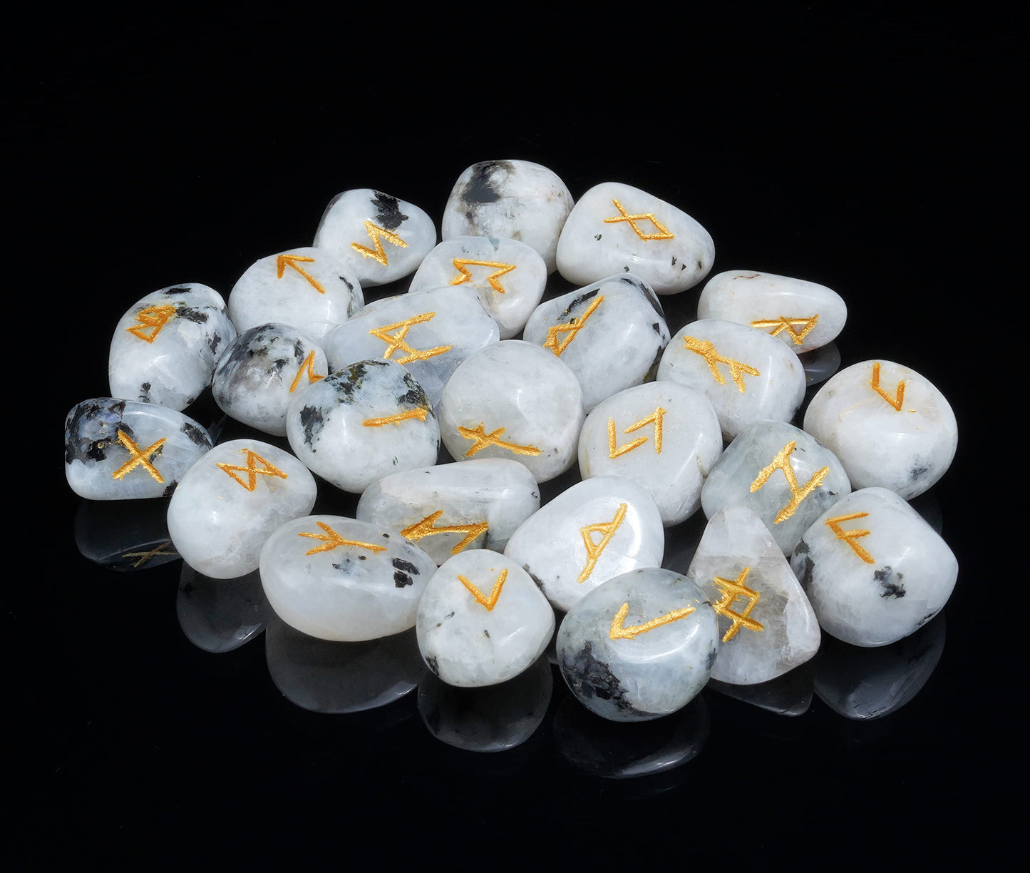 Crocon Rainbow Moonstone Rune Stones Sets 25 pcs for Beginners with Elder Futhark Alphabets for Healing Chakra Crystals Reiki feng Shui Gemstone Runes Set Size: 15-20 mm with a Pouch & Rune brochure