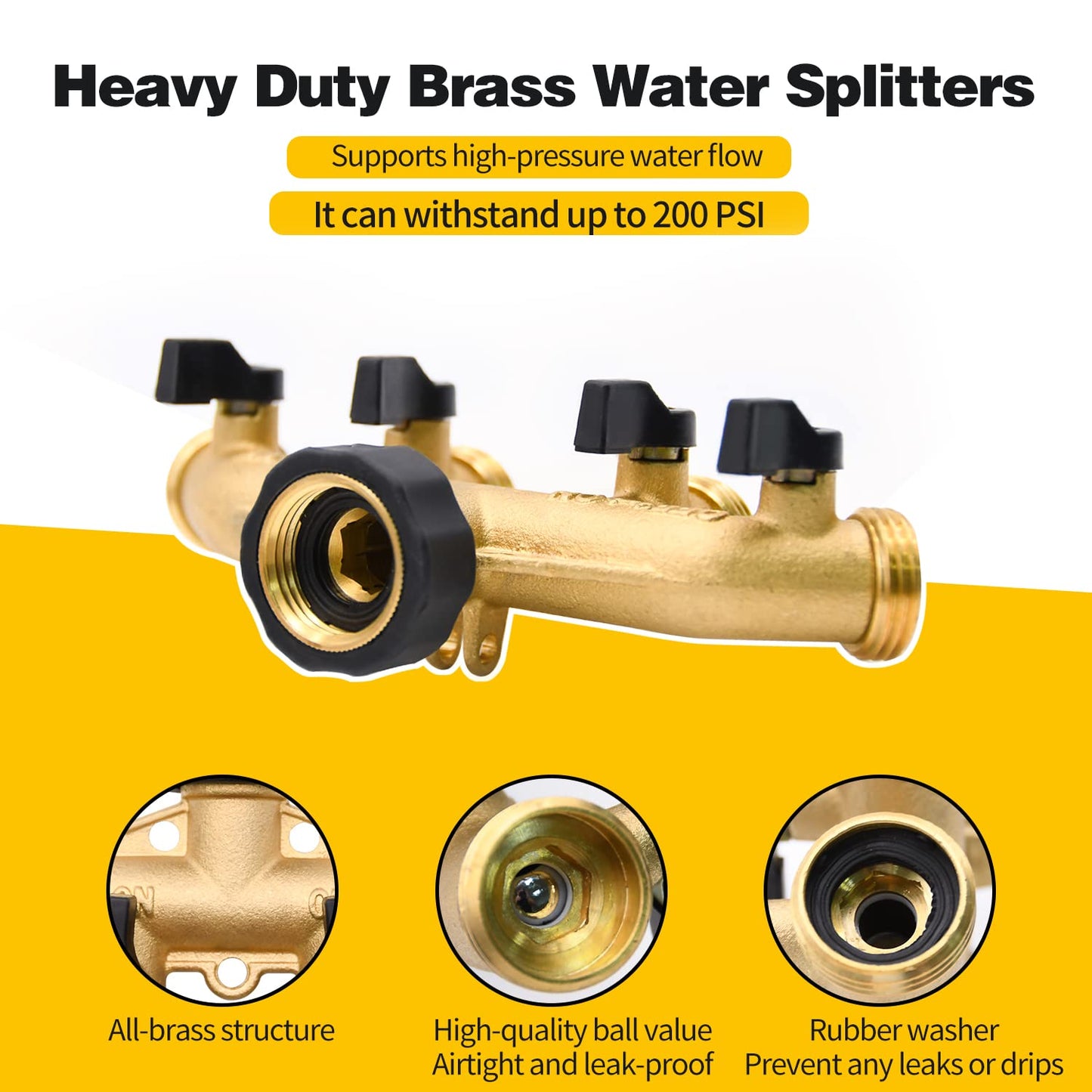 4 Way Hose Splitter with 4Pcs Garden Hose Extension Adapter, Brass Garden Hose Splitter Set, Hose Spigot Adapter with 4 Valves and 12 Rubber Washers & 4 Tapes