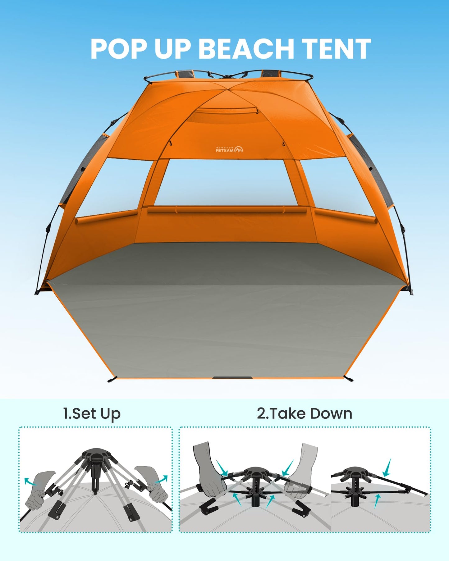 OutdoorMaster Beach Tent Sun Shelter for 3-4 Person, Pop Up Beach Tent Easy Setup with Sandbags, Portable Sun Shade Canopy with Carrying Bag for Beach & Outdoor, UPF50+ UV Protection - Orange