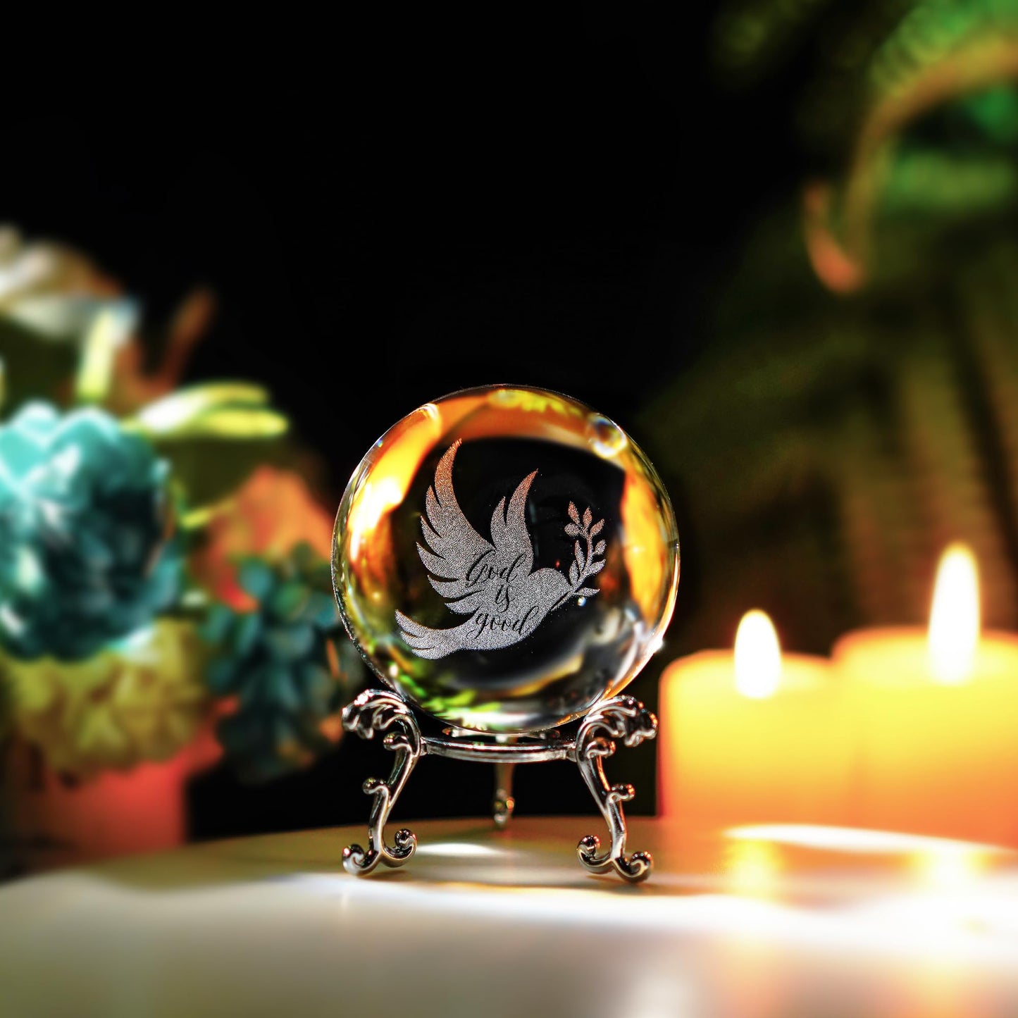 ZEERSHEE 60mm Glass Peace Dove Ball Laser Etched Dove with Olive Branch Crystal Pigeon Ornament with Stand Decor for Home Table