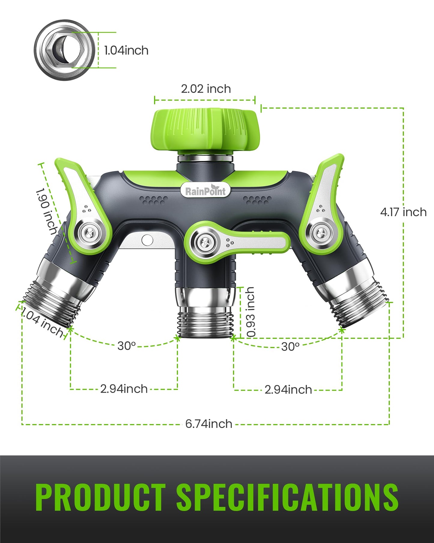 RAINPOINT 3 Way Hose Splitter, 100% Metal Heavy Duty Garden Hose Splitter With 1.9" Extra Long Handle & Individual Shut Off, 3/4 Inch GHT Thread Water Hose Connector For Outdoor Spigot Faucet (Green)