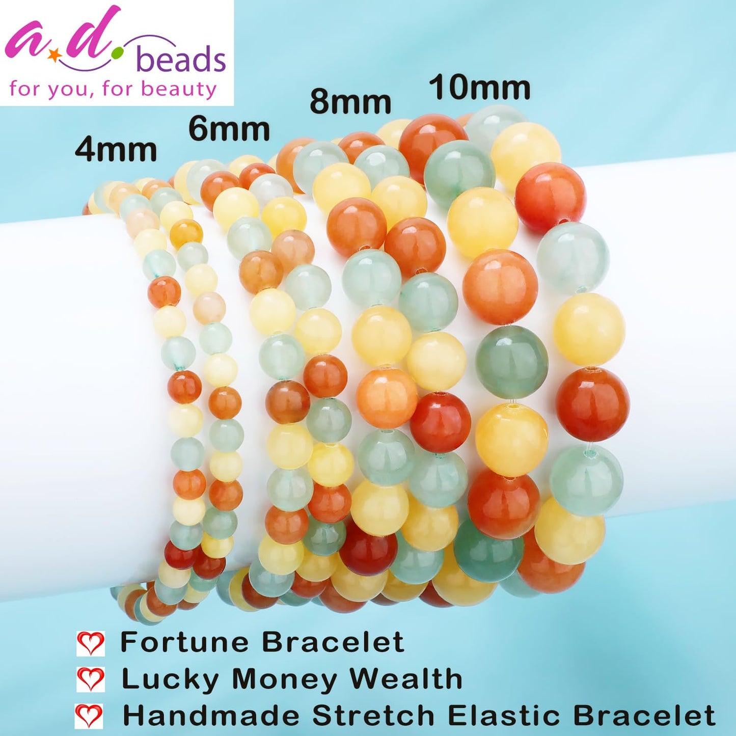 AD Beads 8mm Handmade Fortune Bracelet Elastic Bracelet – Natural Gemstone for Lucky Money Wealth – Meditation, Yoga, Healing and Energy Gift for Men Women