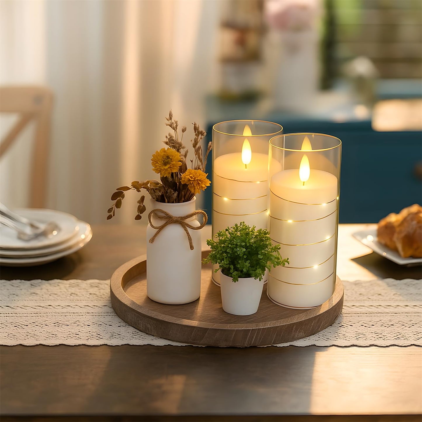 Hinabichan Flickering Flameless Candles with Remote Timer, 6pcs LED Battery Operated Candles with Embedded String Lights White, D3 H6