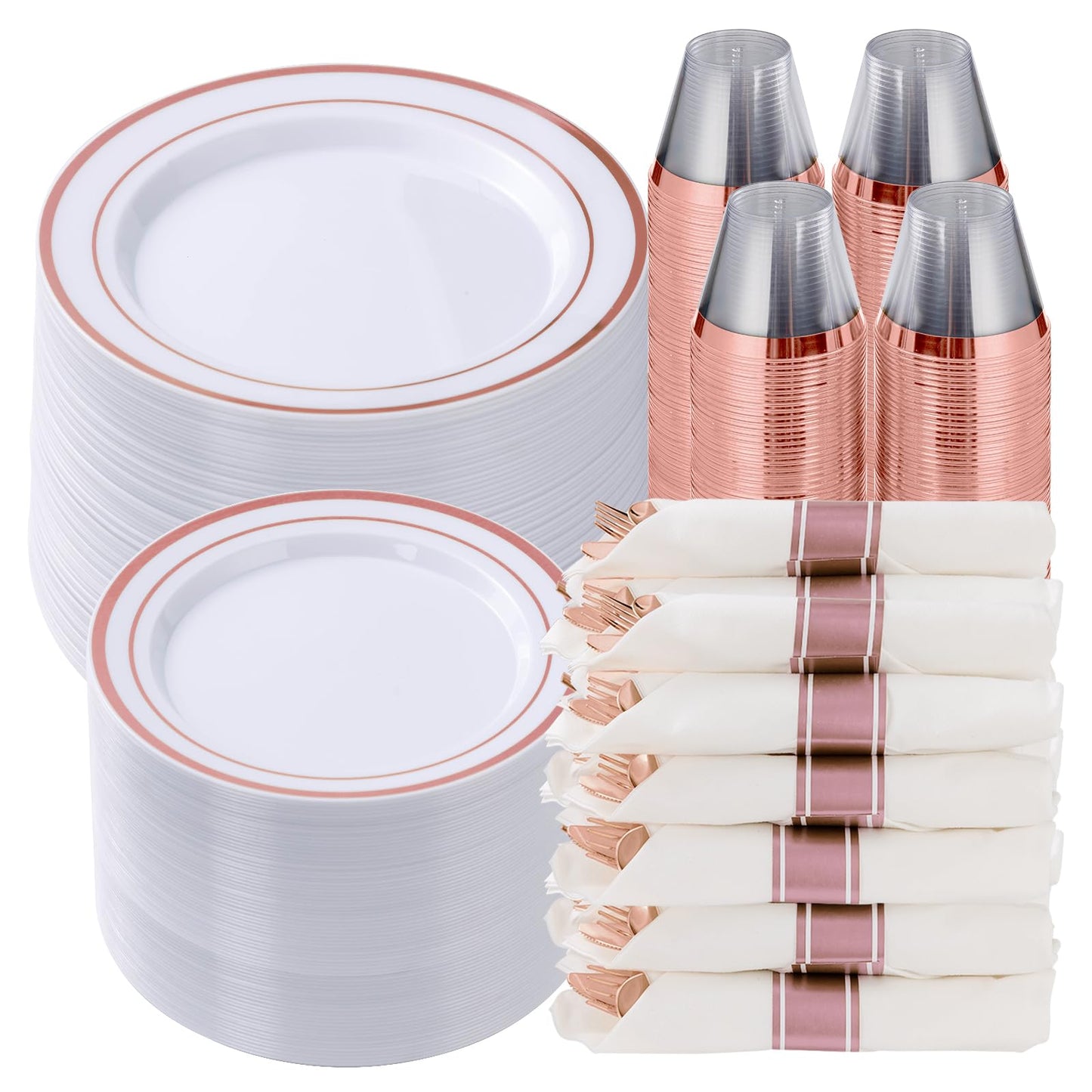 Goodluck 700 Piece Rose Gold Plastic Dinnerware Set for 100 Guests, Disposable Plates for Party, Include: 100 Dinner Plates, 100 Dessert Plates, 100 Pre Rolled Napkins with Silverware, 100 Cups