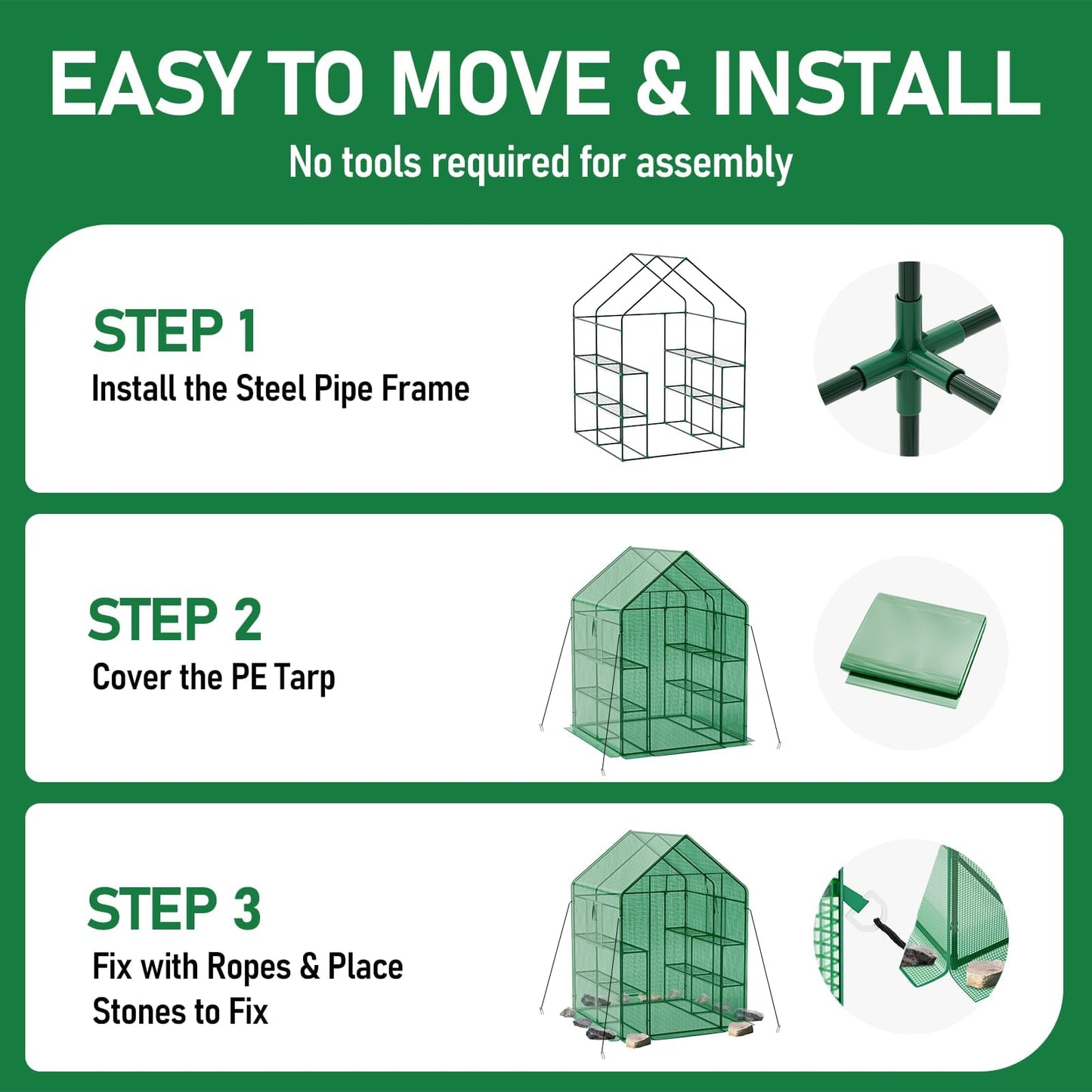 SPECILITE 56×56×78Inch Walk-in Greenhouse, Heavy Duty Small Plant House with Thicken PE Cover and Steel Frame, for Garden, Outdoors, Indoors, Green