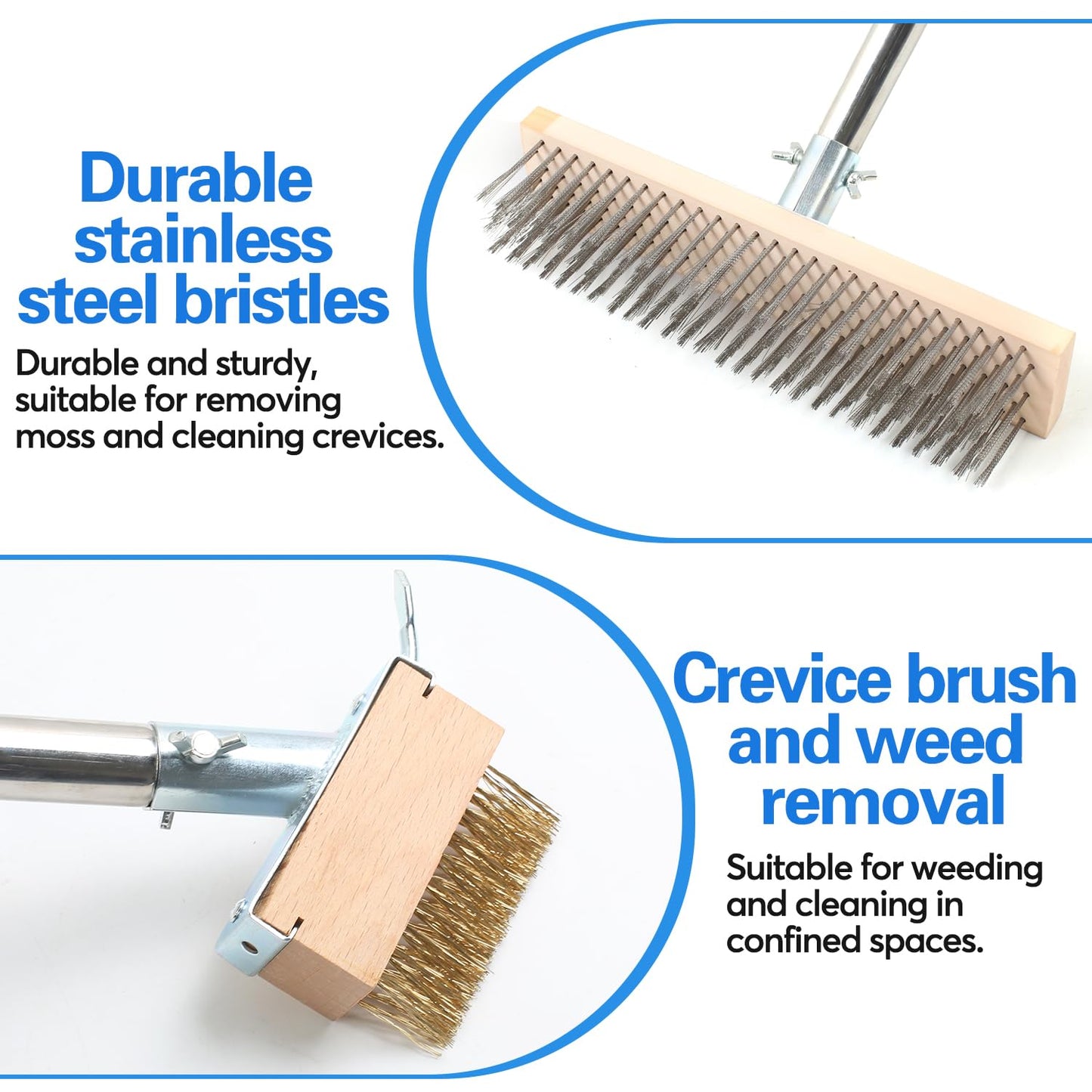 DTNESS 3-in-1 Crack Weeder Brush Tool Set, Stainless Steel Wire Broom w/ 2 Weed Remover Brush Heads+Scraper, 63" Heavy Duty Weeding Puller w/Adjustable Handle for Pavers, Deck, Concrete, Moss Removal