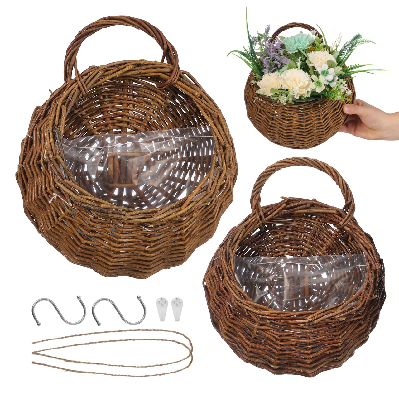 Yardwe 2Pcs Woven Wall Hanging Flower Baskets, Rattan Hanging Planters for Indoor Plants, Rustic Wall Decor Storage Containers, 12.20 X 10.62 X 4.72 Inches