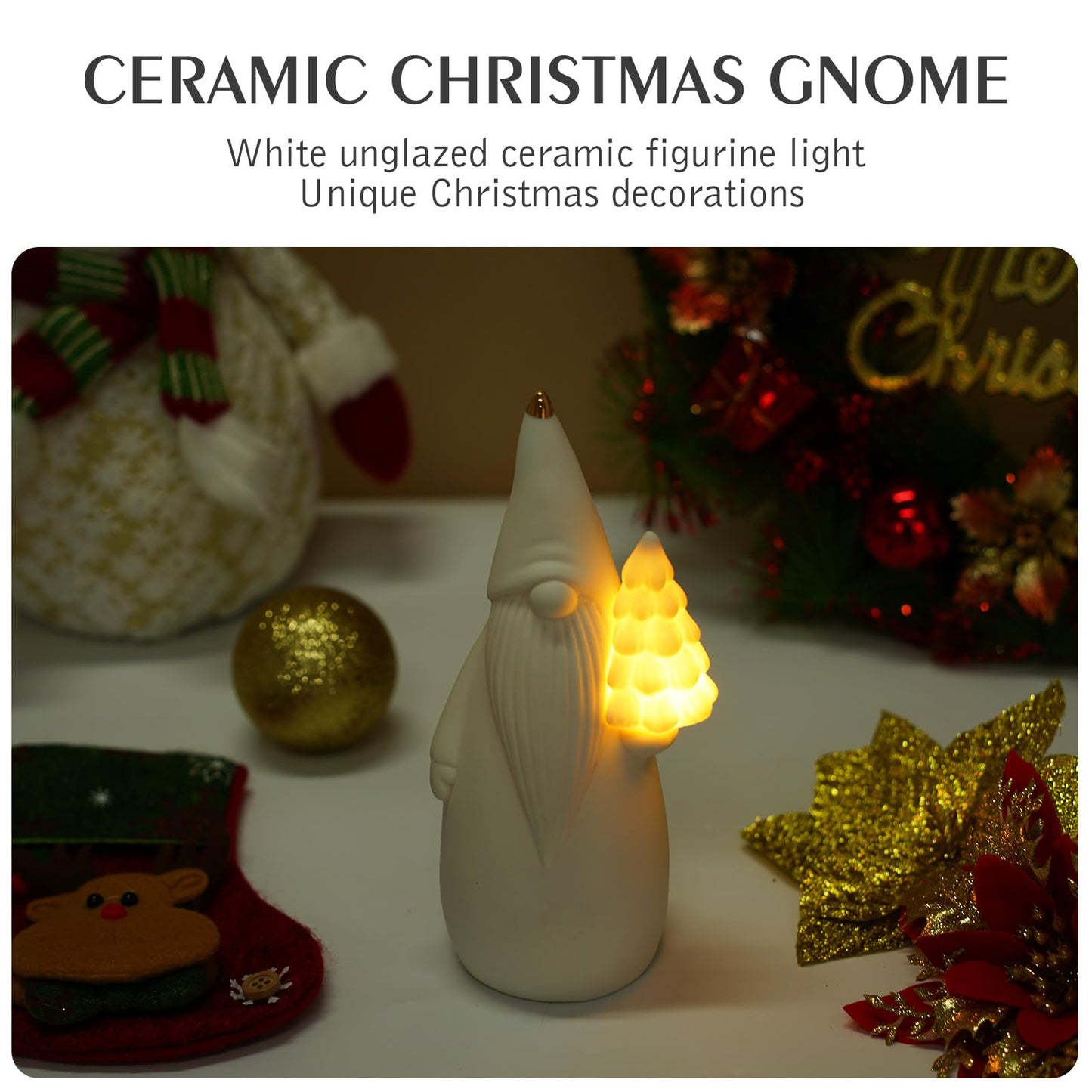 Luxstyra White Ceramic Gnome Figurine with Christmas Tree Lighted, 7.5" Christmas Gnome Decoration, Light Up Xmas Tree with Timer, Gnomes Gifts for Women, Sandinavian Xmas Decor for Tabletop Mantel