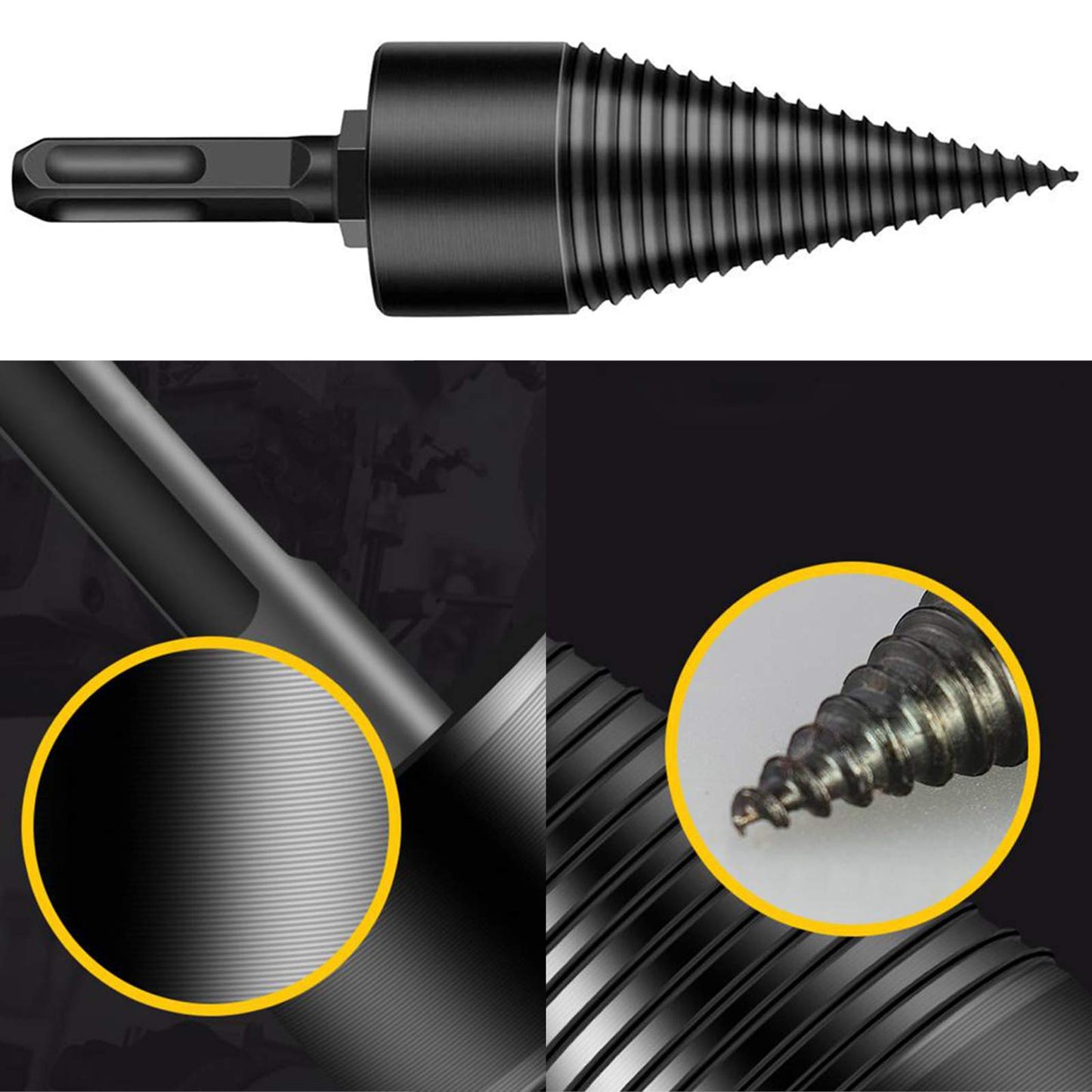 Firewood Log Splitter, Wood Log Splitter, Easy Splitter Detachable Drill Bit Heavy Duty Electric Drills Screw Cone Driver Removable (Round+Square+Hex 32mm)(Black)