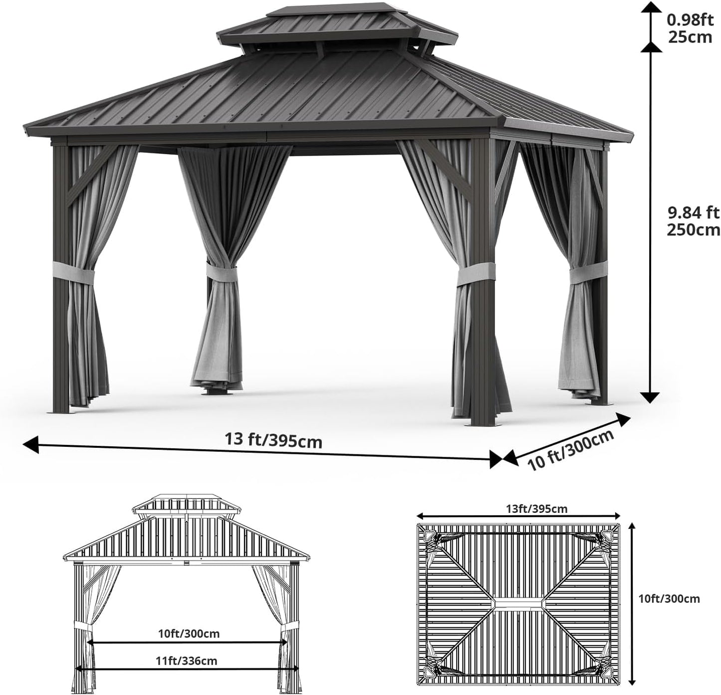 13'X10' Hardtop Gazebo, All-Weather Aluminum Frame Outdoor Canopy with Double Polycarbonate Roof, Permanent Outdoor Gazebo with Netting & Curtains for Garden, Lawns, Patio, Grey.