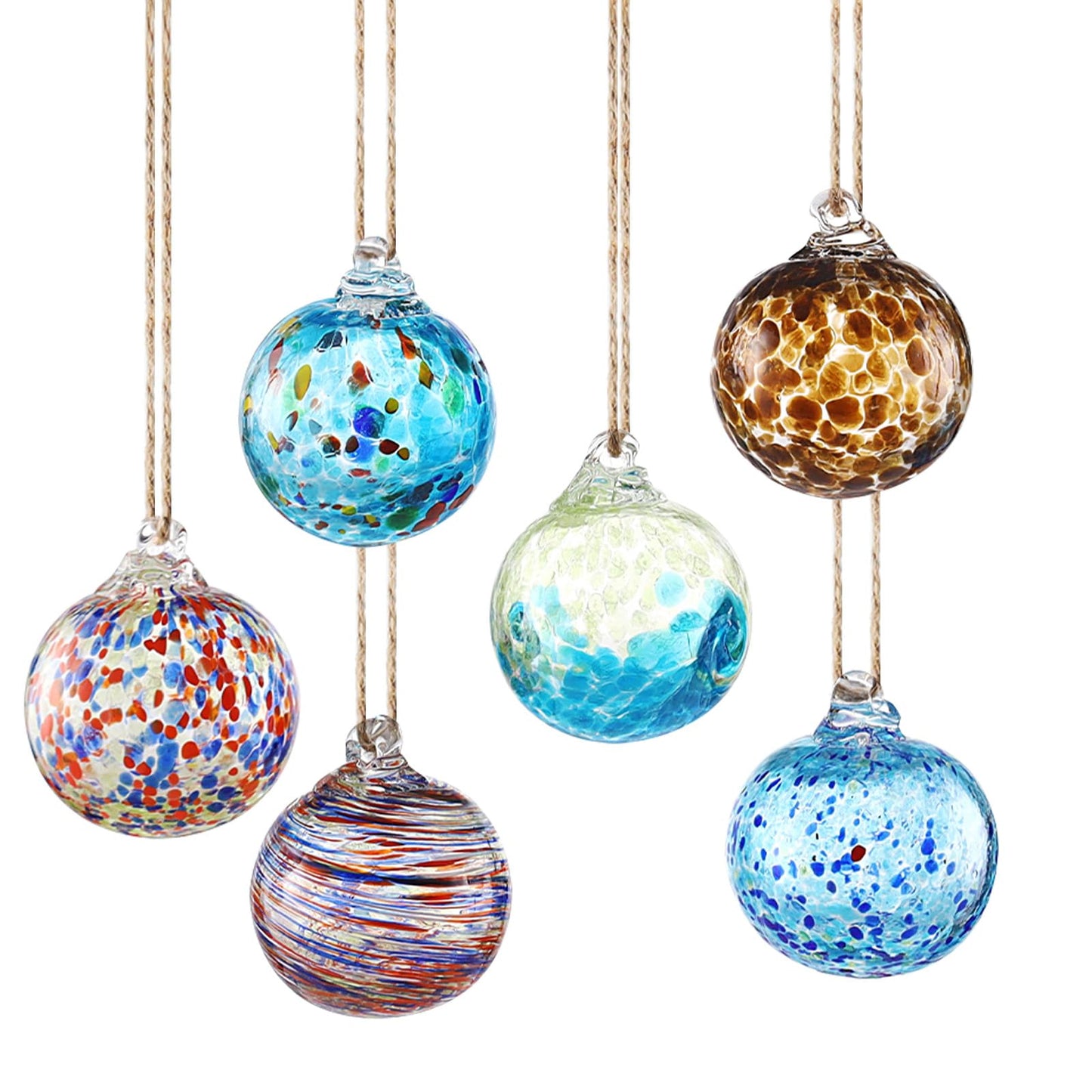 VOREEN 6-Pack Blown Glass Christmas Ornaments, 2.56" Handblown Hanging Glass Gazing Balls for Christmas Tree Decoration, Holiday Ornament Gift Set（Winter Blue & Aqua Mix）