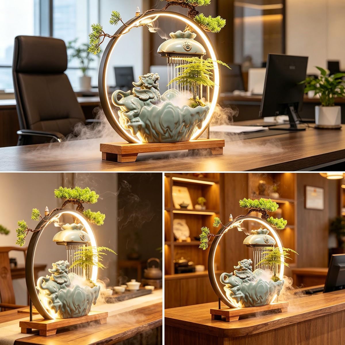 TXYXT Waterfall Fountain Indoor with Mist, Tabletop Water Fountain,Desk Chinese Ceramic Pixiu Statue with LED Light Ring and Backflow Incense Burner Holder