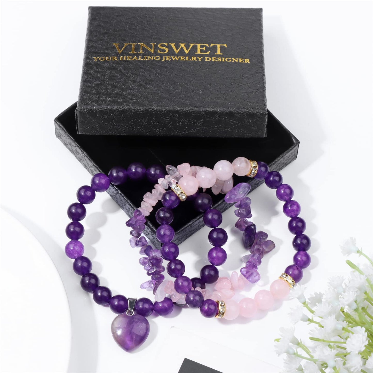 Vinswet Healing Crystal Beaded Bracelets for Women,Natural Amethyst Rose Quartz Gemstones Bracelet,Anxiety Stress Relief Heart Charm Bracelet Handmade purple Jewelry Gifts for Women (3pcs)
