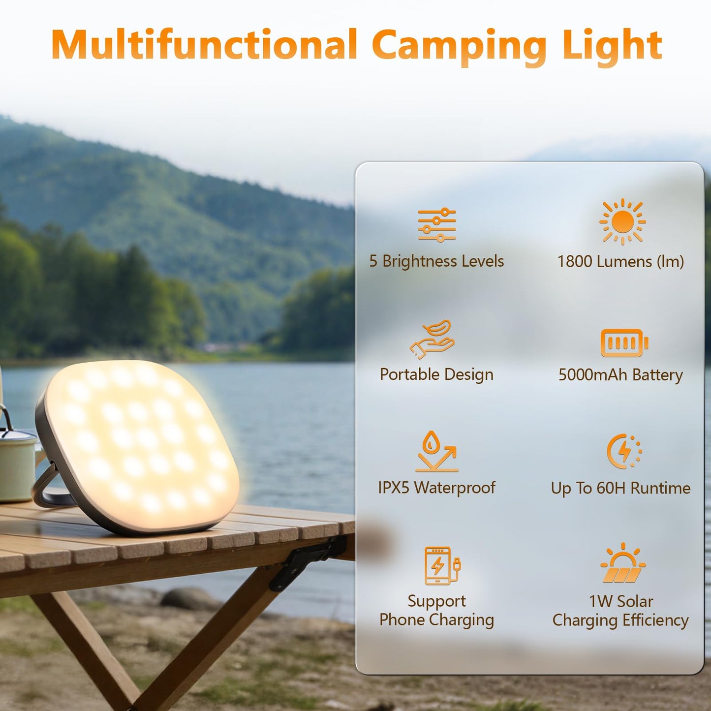 Solar Camping Lights, Solar Camping Lantern Rechargeable 5000mAh LED 5 Light Modes IP65 Waterproof with USB Charging – Lanterns for Power outages Hurricane, Hiking, Fish, Emergency, and Home