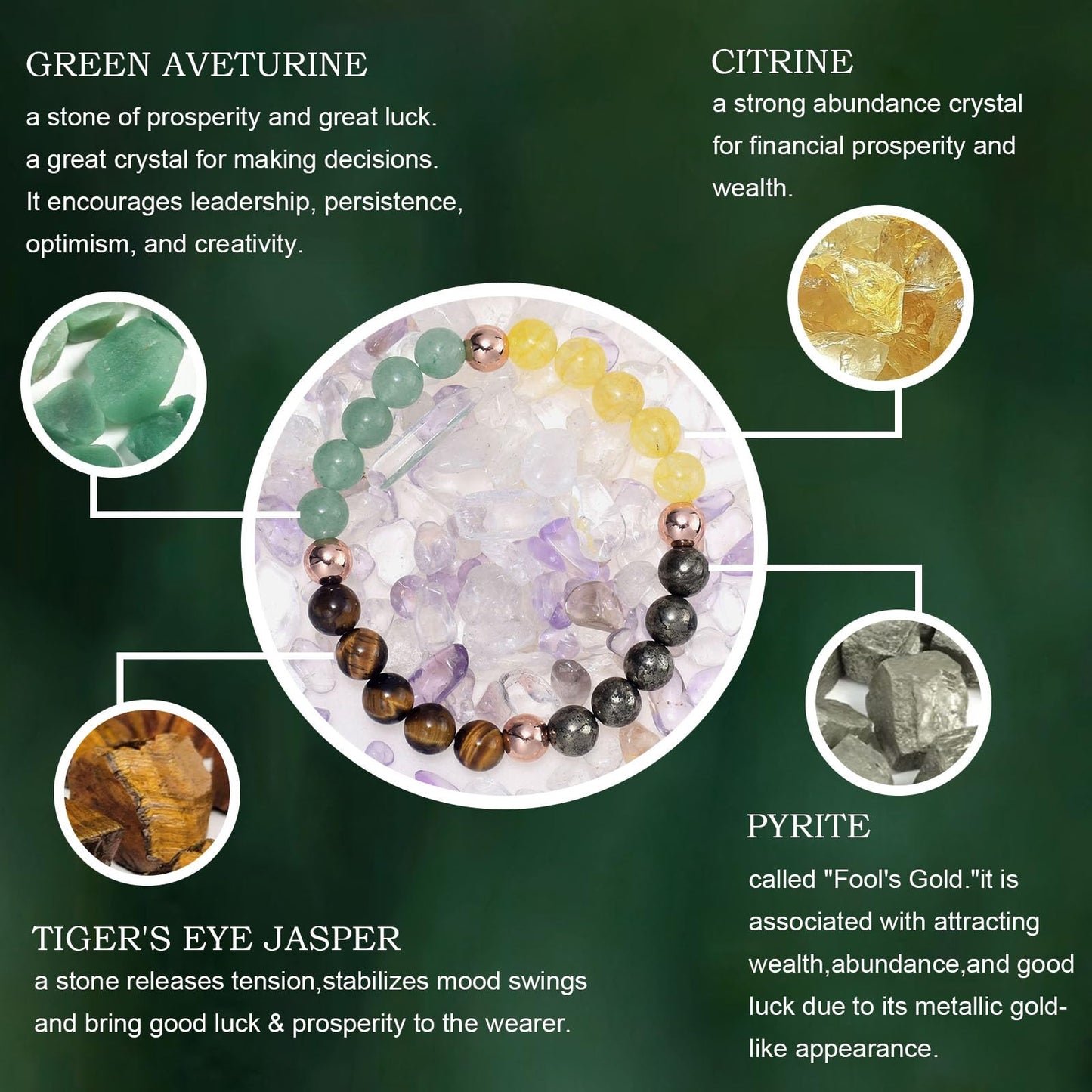 Ayriwoyi Feng Shui Citrine Bracelet Healing Crystal Bracelet For Women Men Green Aventurine Pyrite Tiger Eye Stone Beaded Bracelets Money Attraction
