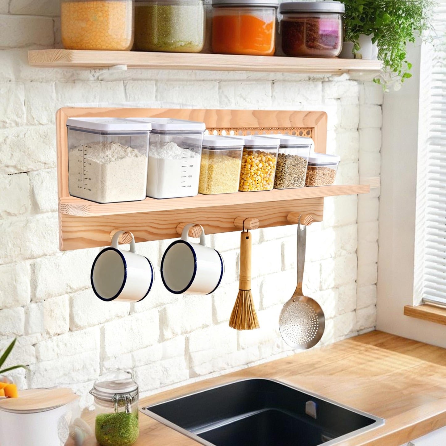 ZELURA Rattan Wall Shelf with Hooks, Boho Entryway Organizer, Floating Storage