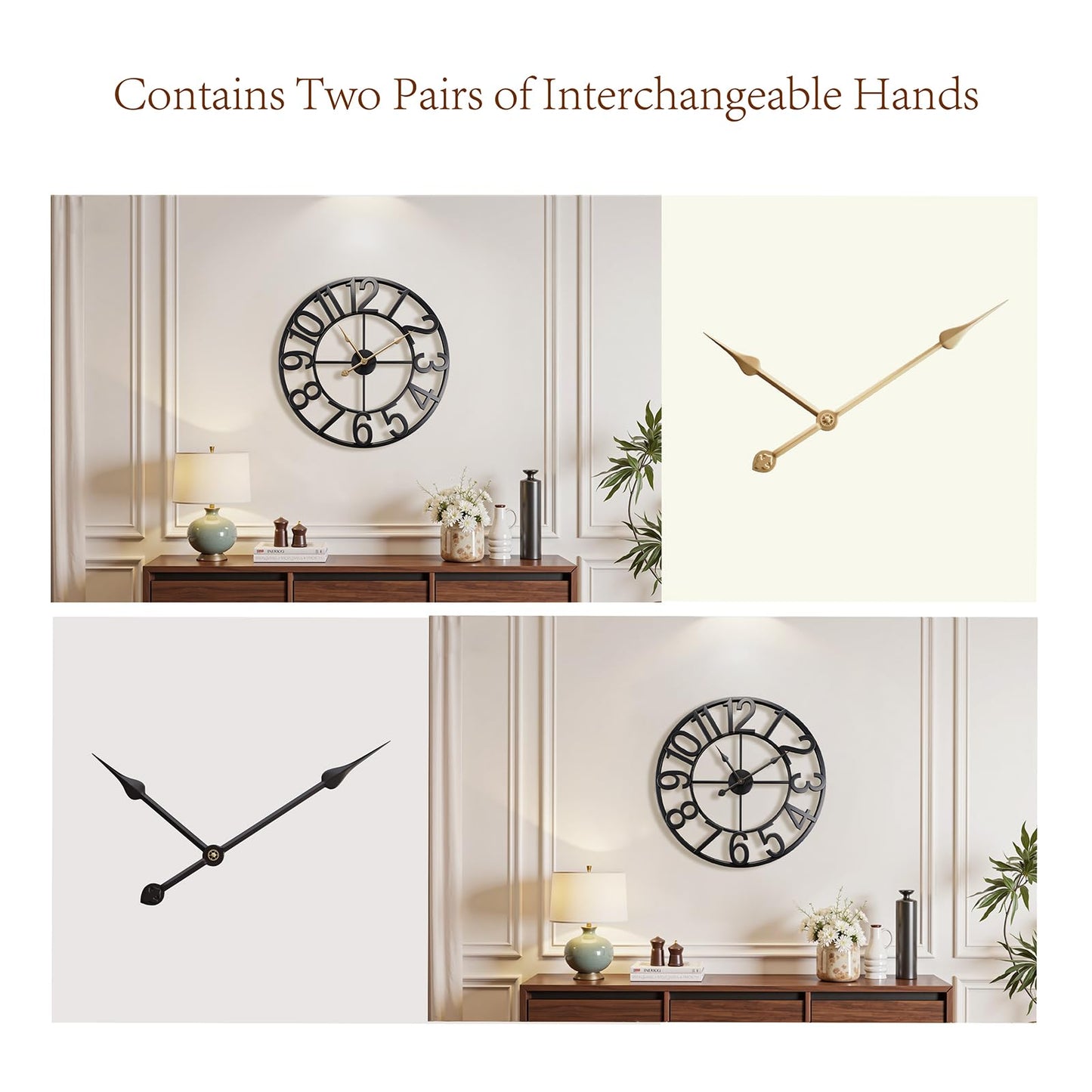 Vantic 24 Inch Large Wall Clock, Arabic Numeral Metal Oversized Wall Clocks for Living Room Decor, Bedroom and Kitchen, Completely Silent, Non Ticking, Battery Operated