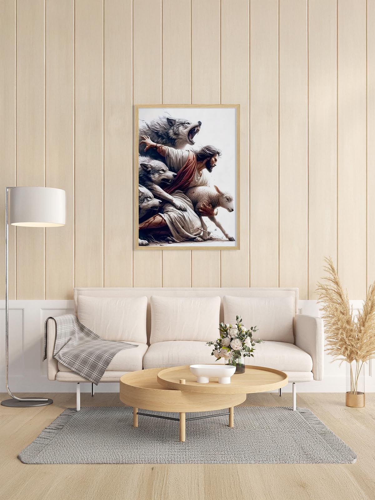 BIBLSPACE Jesus Wall Art Religious Wall Decor Christian Posters for Wall Pictures of Jesus Saves the Lost Lambs Canvas Wall Art for Living Room Bedroom Christian Wolf Art Framed 12x16 Inch