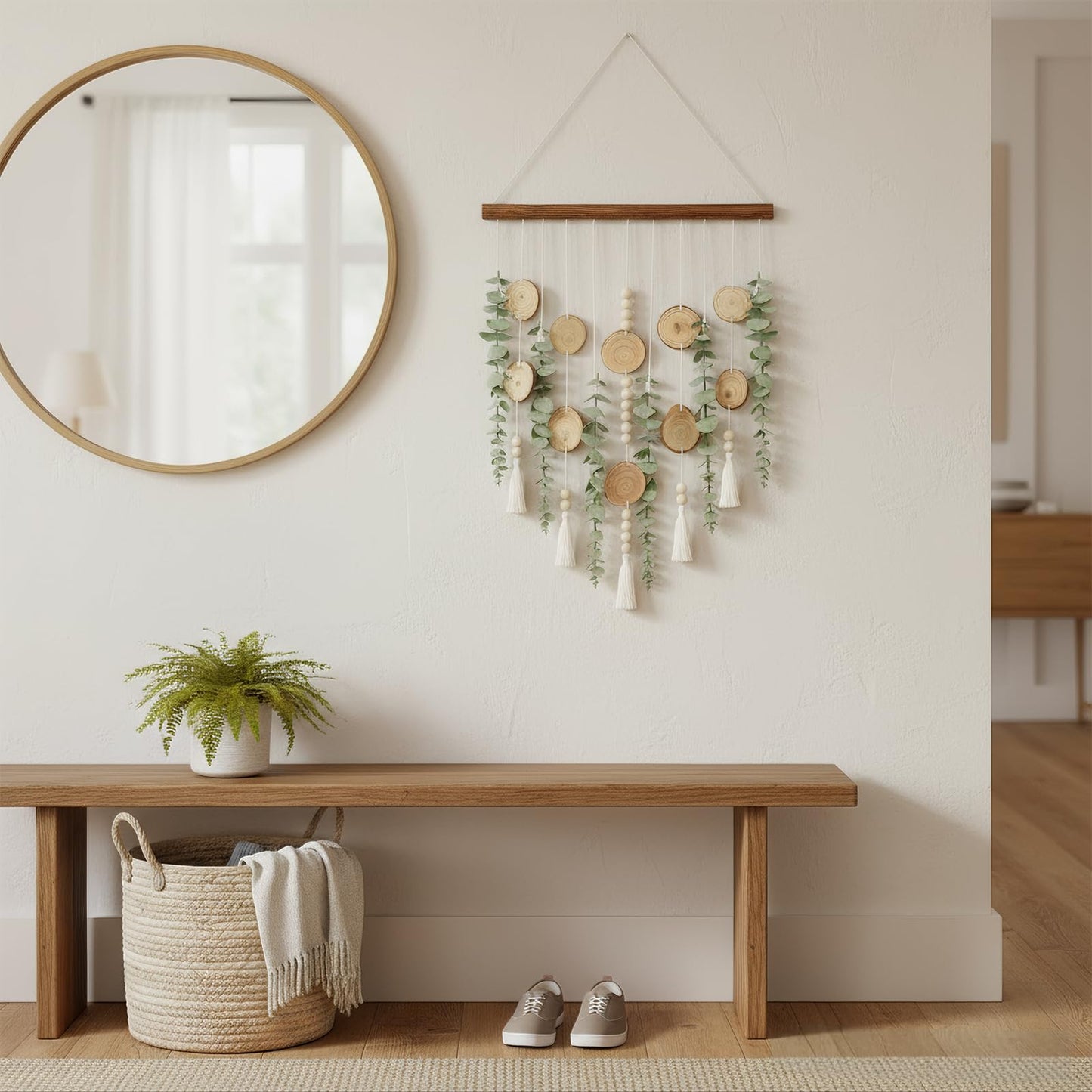 Boho Wall Decor Artificial Eucalyptus Wall Hanging Decor Fake Eucalyptus Plants hunging on Carbonized Wooden Stick for Bathroom Bedroom Nursery Living Kitchen Dining Room
