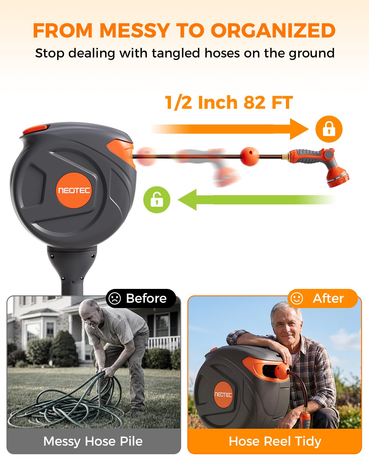 Retractable Garden Hose Reel 360° Swivel 82 ft 1/2 Inch Ground-Mounted Freestanding Water Hose Reel No-Drill Installation Any-Length Lock 20% Slow Return for Large Yard Lawn Car Washing