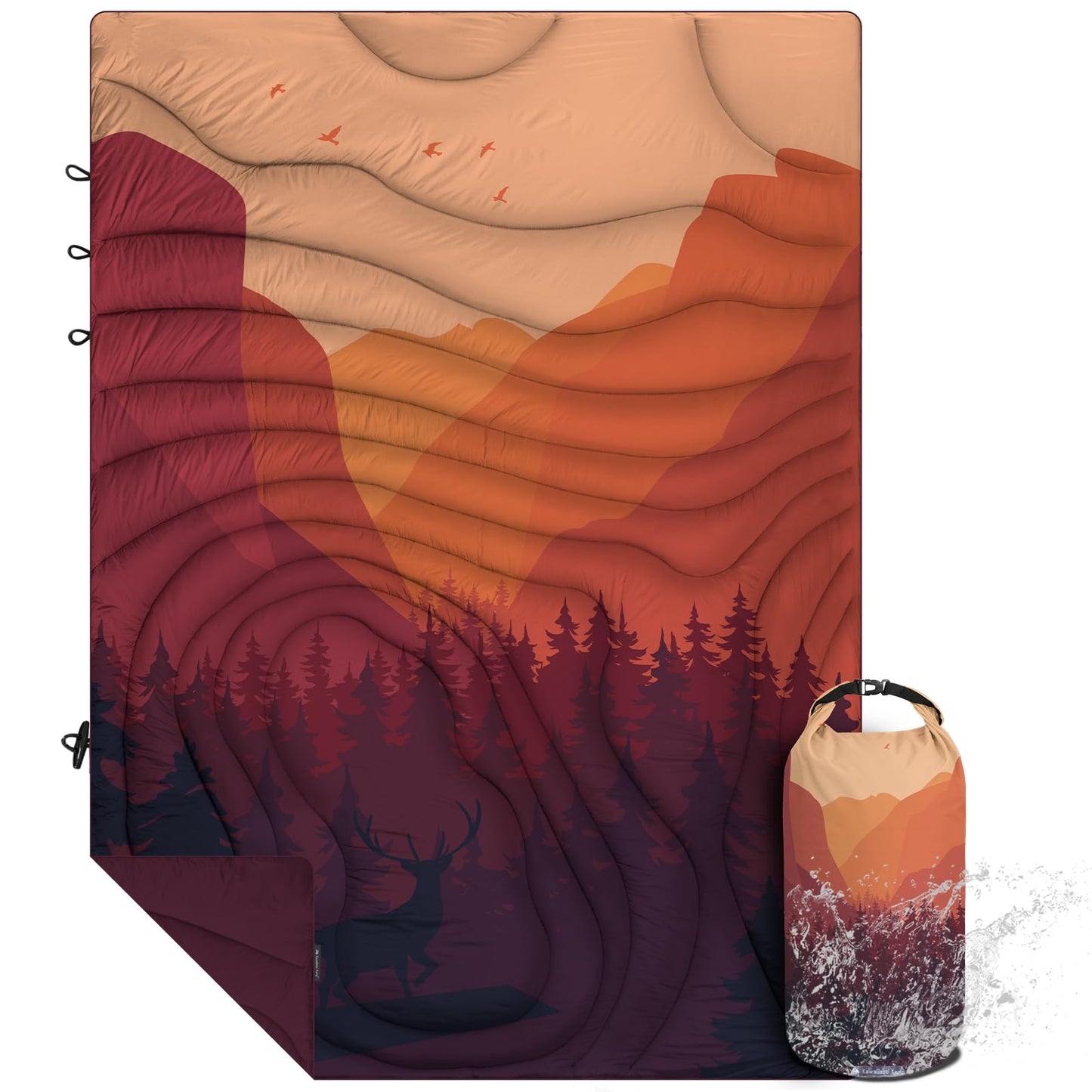 KawaGebo Kamp Camping Blanket Puffy - Outdoor Stadium Blanket Wearable, Lightweight, Packable, Machine Washable Camping Quilt for Traveling, Picnic, Beach, Party 78"x 56" (Sunset Mountain Scenery)
