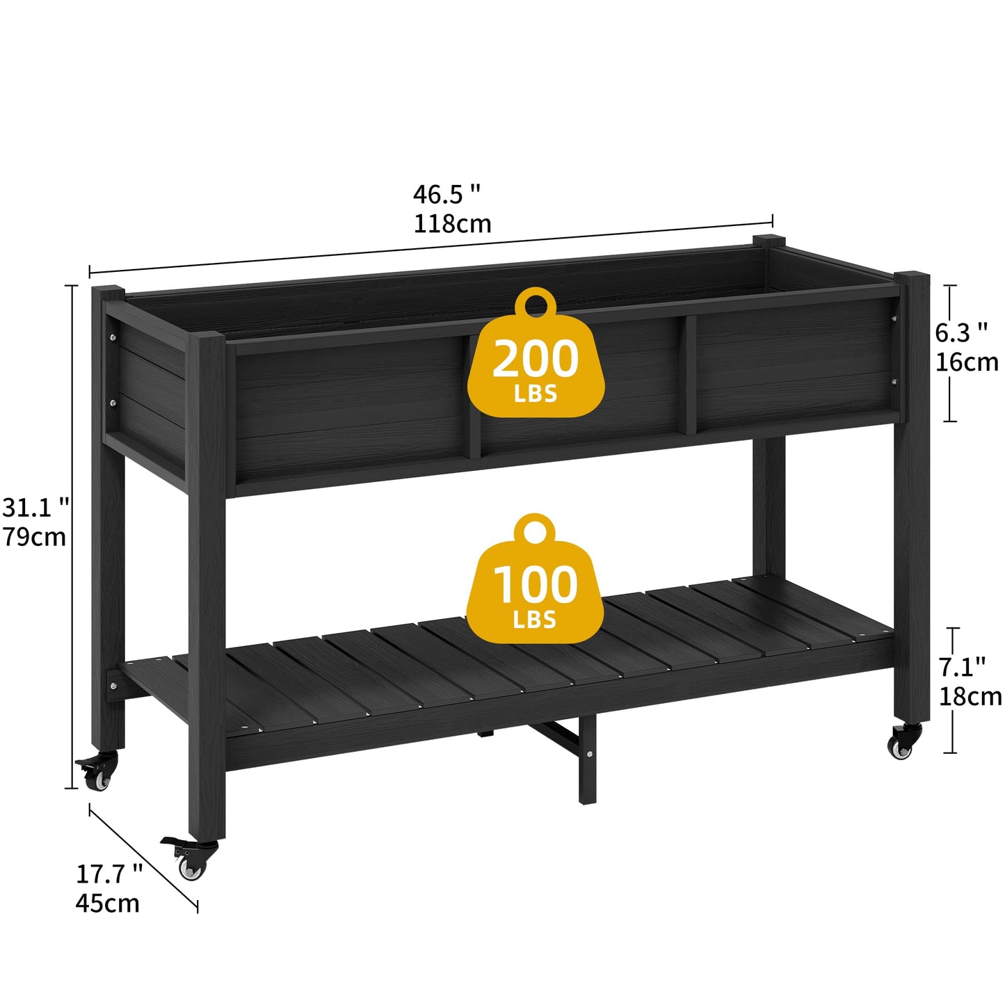 DWVO Raised Garden Bed HDPE with Wheels & Legs, 47x18x31in Weather-Resistant Poly-Wood Elevated Planter Box Outdoor, Double Tier Planters for Patio Balcony Backyard, Black