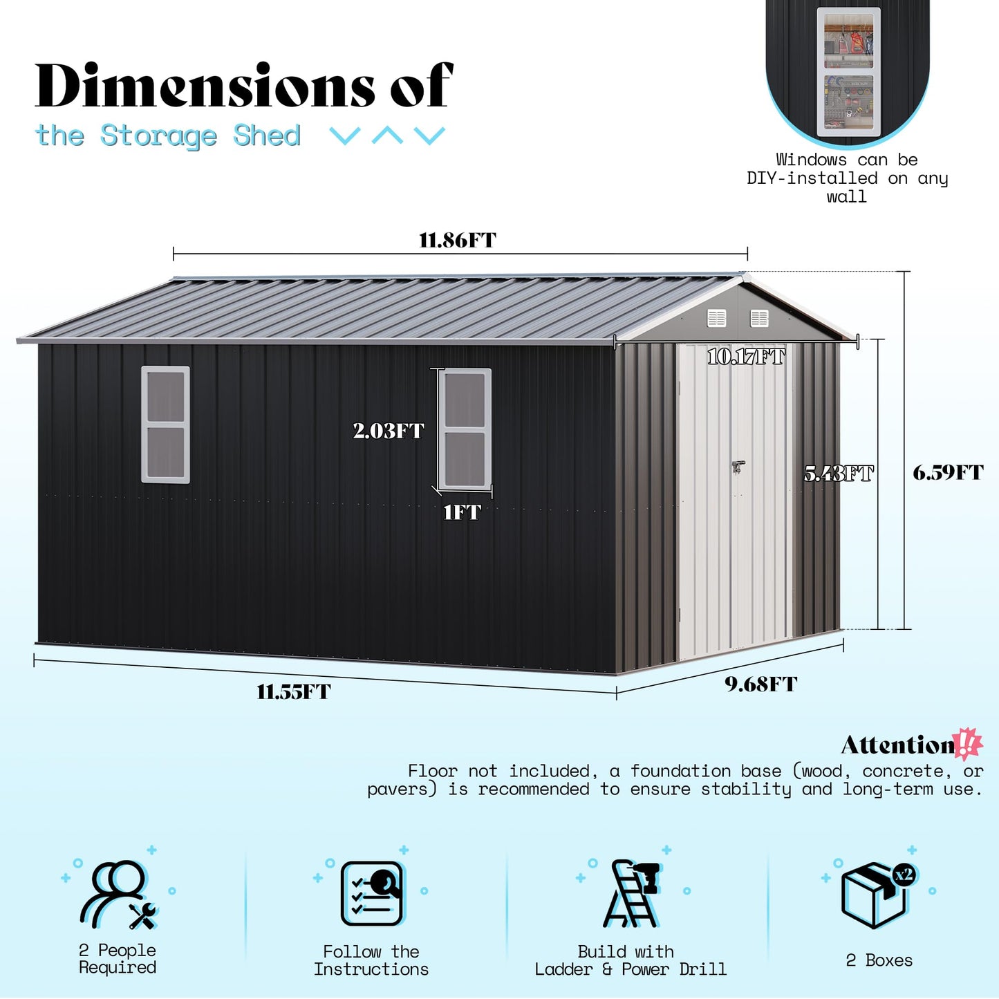 AMERLIFE 10x12x6.6 FT Metal Storage Shed, Outdoor Tool Shed with 2 DIY Windows, Hinged Double Doors and Vents, Reinforced Steel Frame for Backyard, Garden, DIY Workshop, Dark Grey