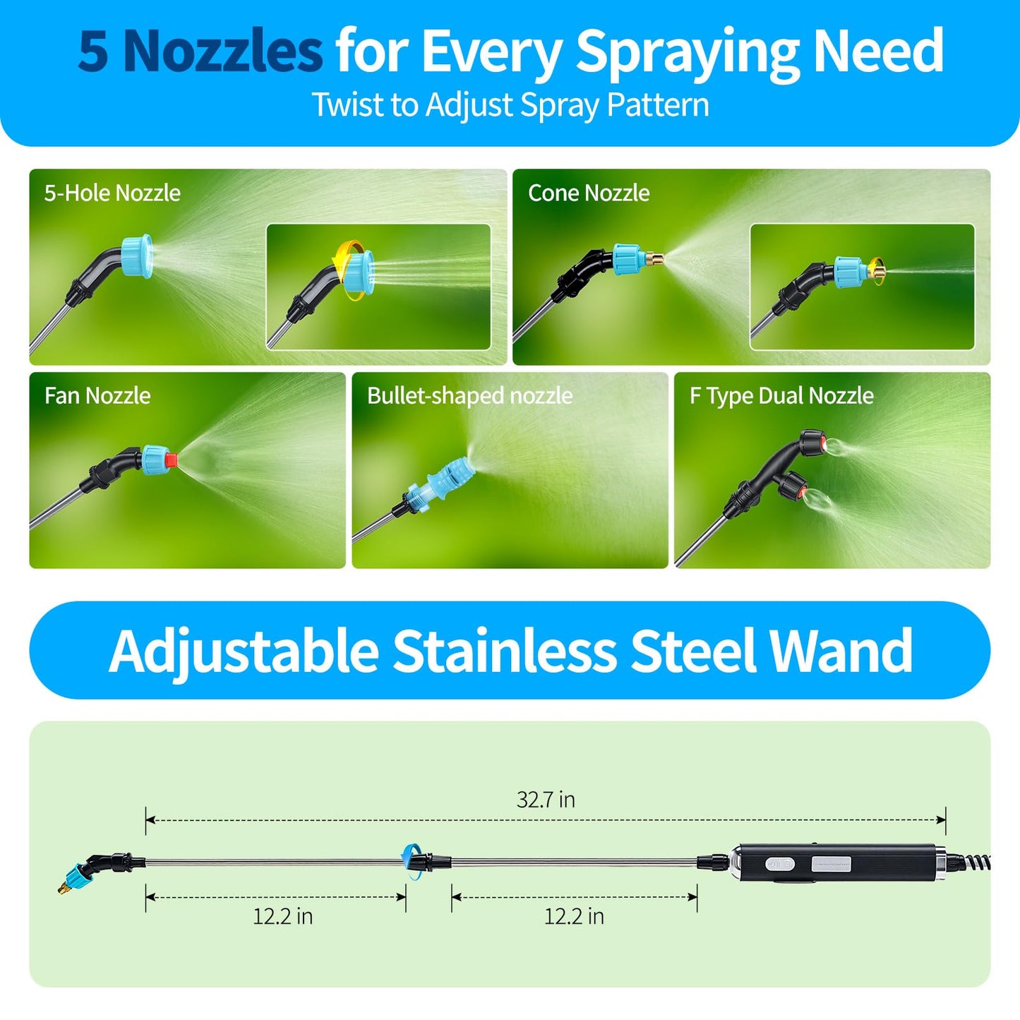 VASG Battery Powered Sprayer 2 Gallon, 7.4V Foldable Electric Pump Sprayer, Weed Sprayer with Waterproof Rechargeable Handle, 5 Mist Nozzles, Retractable Wand, Adjustable Strap for Lawn, Garden, Yard
