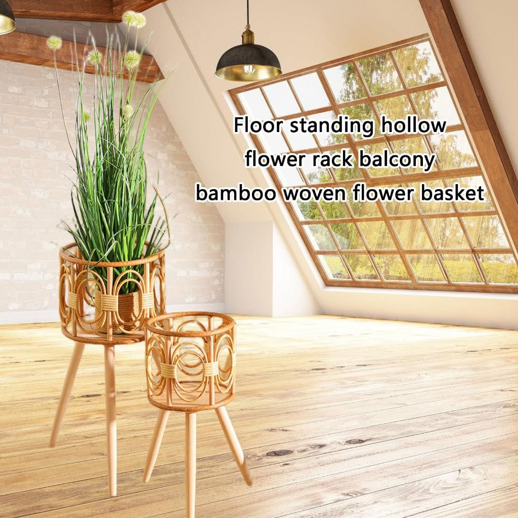WAGHAVEN Rattan Plant Stand, Wicker Plant Baskets Indoor, Handmade Woven Wooden Planter With Legs, Floor Planter Baskets Rack For Indoor Outdoor Decorations - 16" & 21" (21in)