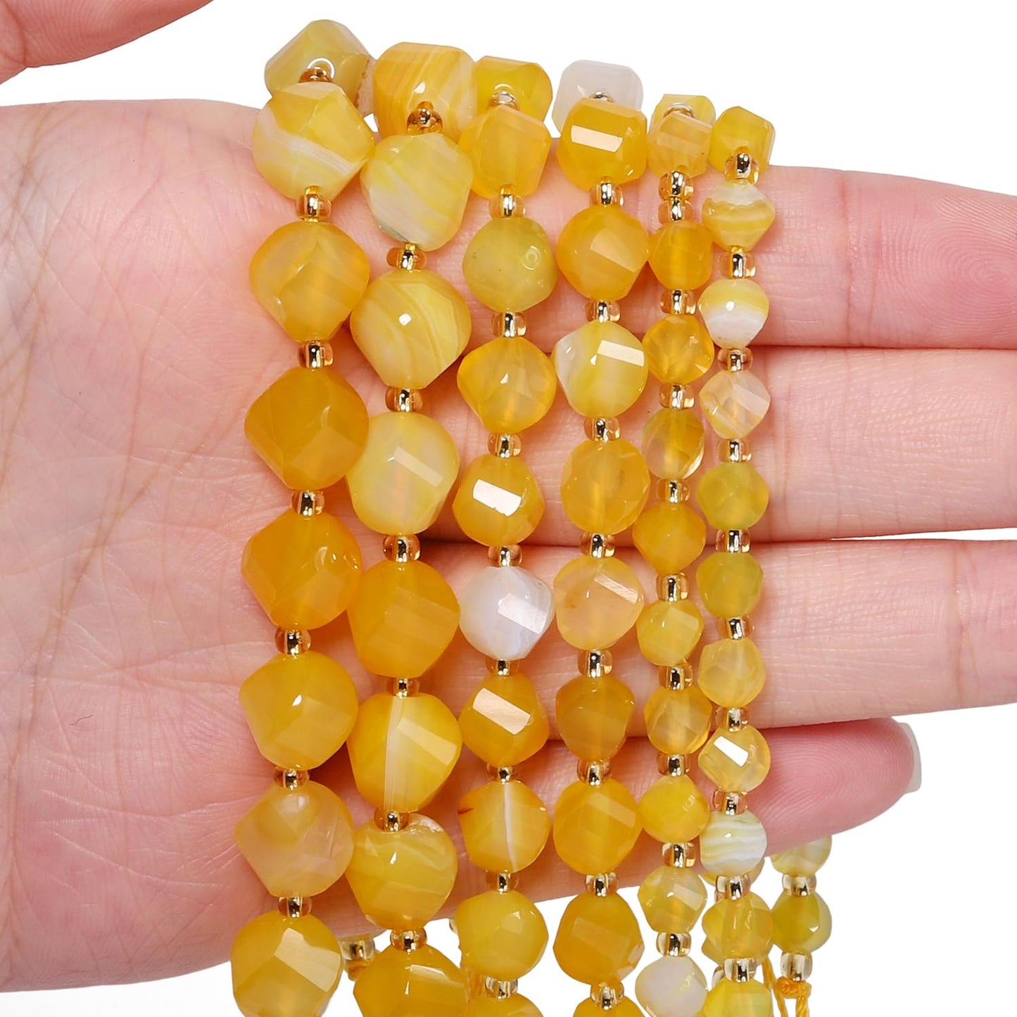 Yochus 42pcs Natural Yellow Striped Agate Stone Beads for Bracelet，2strands 6mm Facted Twist Loose Gemstone Beads for Jewelry Making DIY Craft Necklace Earring