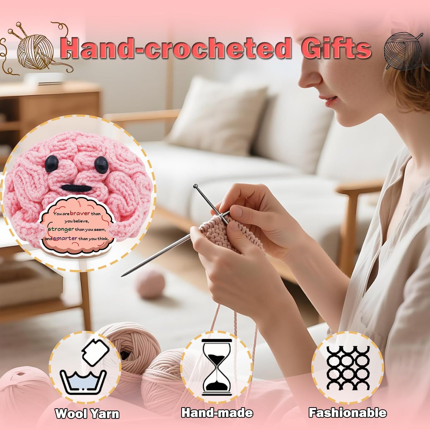POPNANA Birthday Crochet Gifts for Women Men Mom Dad Handmade Positive Gift for Girls Boys Kids Teens Coworkers Teachers Friend Cute Brain Toy Holiday Office Home Decor Inspirational Doll(Braver)