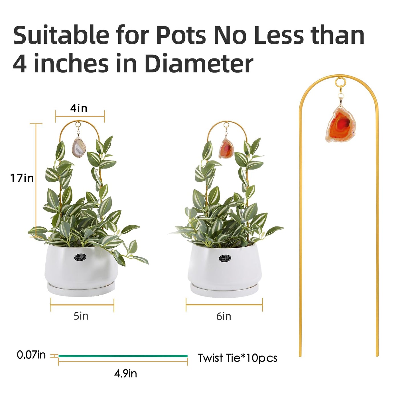 Ceiner 2PCS Small Plant Gold Trellis Indoor, Mini Metal Houseplant Decor Support for Potted Ivy Vine, Boho Garden Decorative Pot Climber with Agate for Climbing Hoya Pothos Philodendron Gift