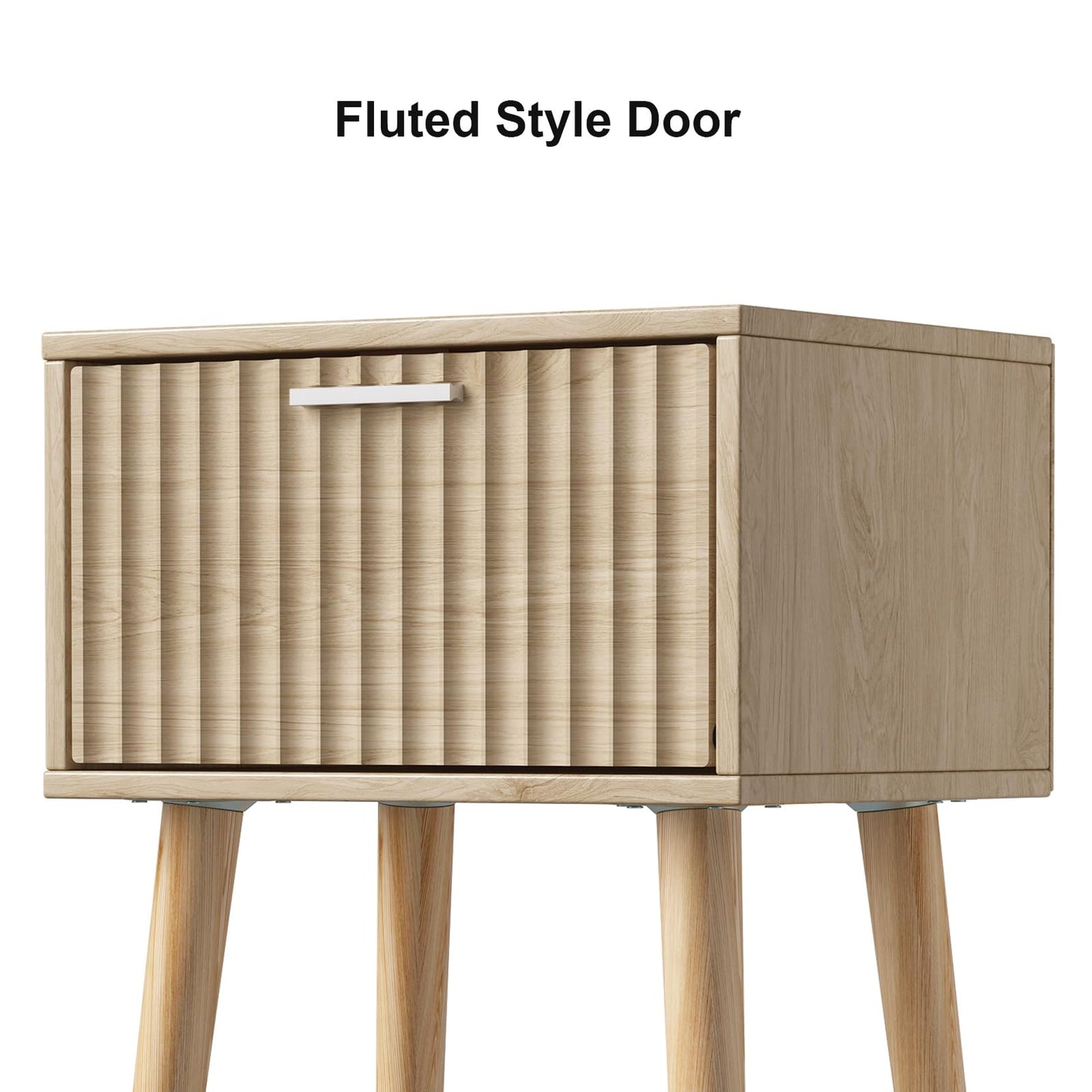 LAATOOREE Nightstands Set of 2, Small Side Table, Bedside Table with Fluted Door, Solid Wood Feet; Modern Mid-Century End Table for Bedroom, Small Space (Natural)