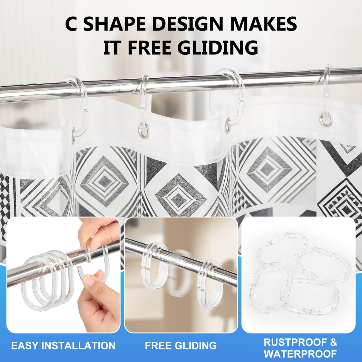 Resze 24 PCS Shower Curtain Rings, Plastic Clear Shower Curtain Hooks, C-Shaped Rings Hook Hanger Bathroom Shower Window Rod