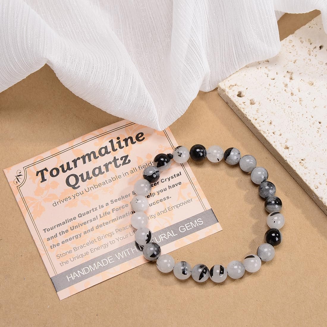 MASSIVE BEADS Tourmaline Quartz - Stone of Unbeatable - Handmade Yoga Stretch Elastic Bracelet Natural Stone Crystal Healing Power Energy Gifts for Unisex Adult 4mm