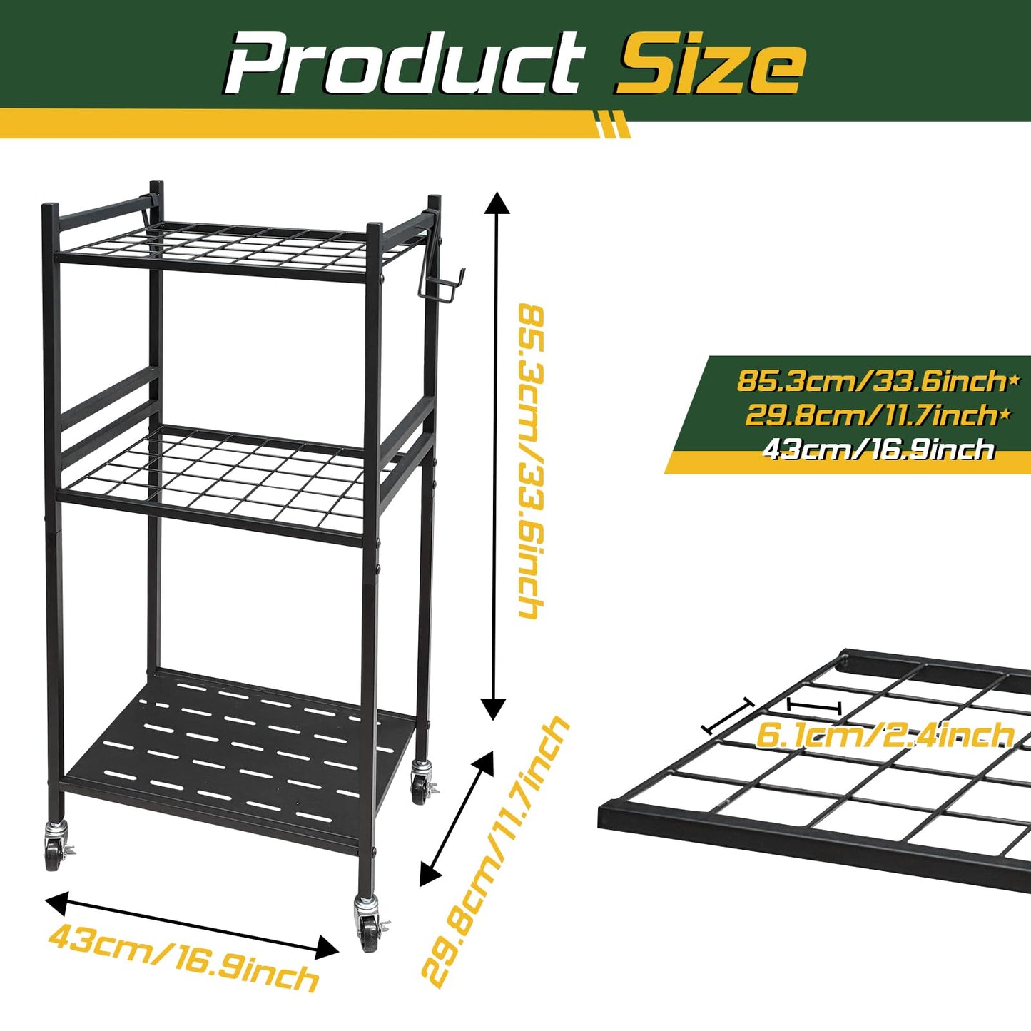 THESEATOP Garden Tool Organizer, 3-Tier Yard Tool Storage Rack with 35 Slots & 3 Hooks, Heavy Duty Garage Organizer for Shovels, Rakes & Brooms (33.6" x 11.5" x 17")